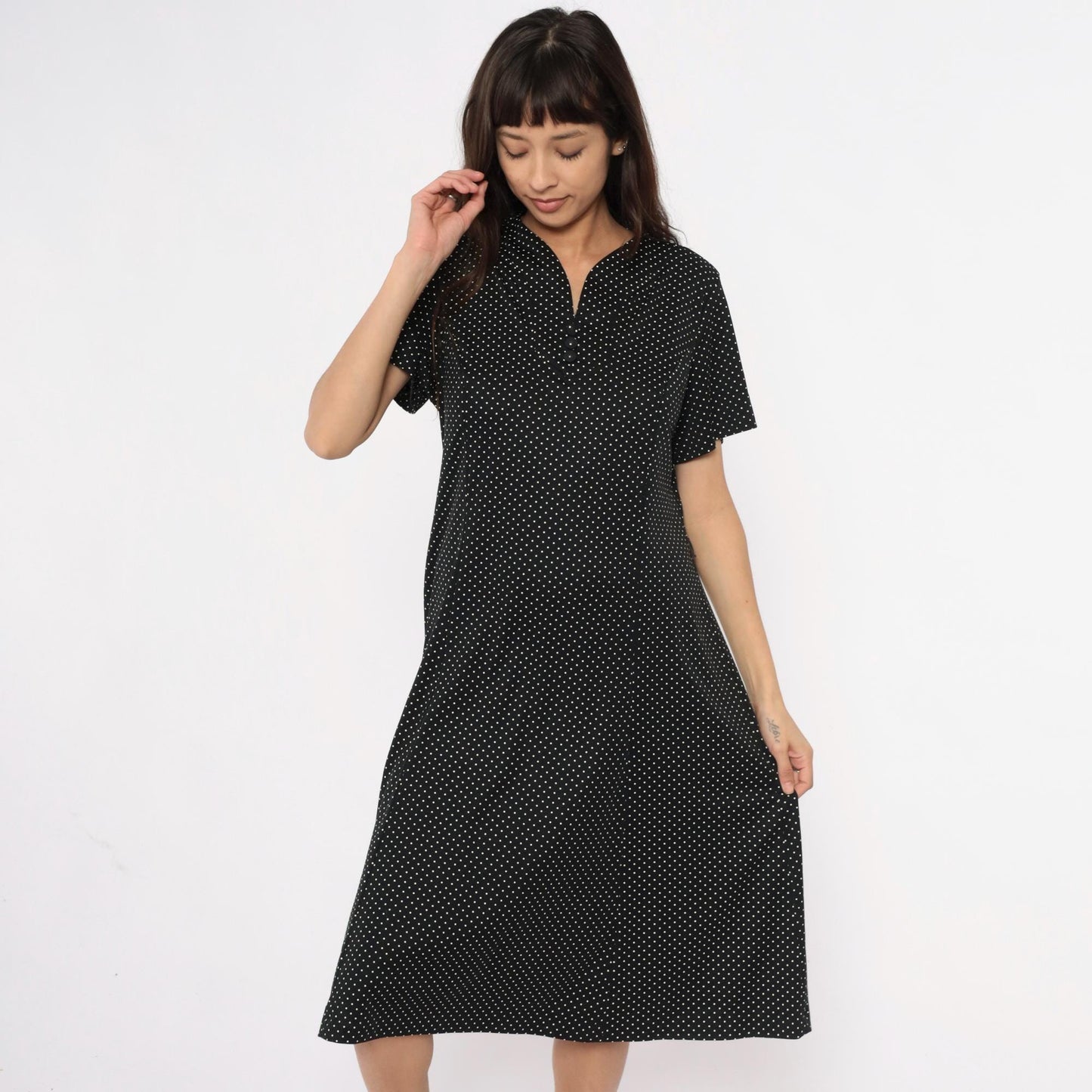 90s Black Polka Dot Midi Dress White V-Neck Short Sleeve Extra Large
