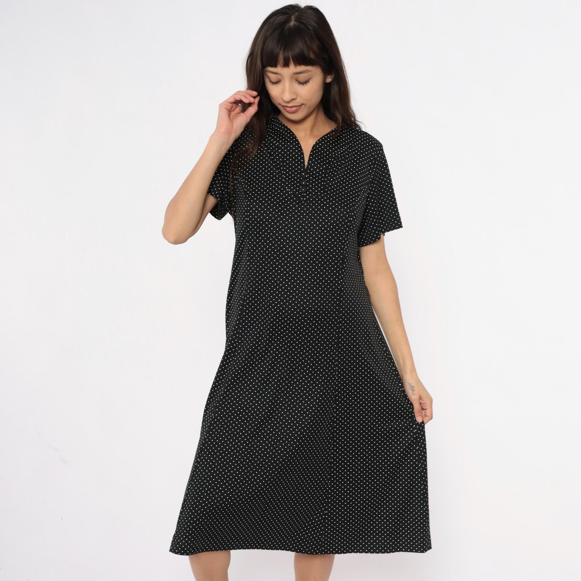 90s Black Polka Dot Midi Dress White V-Neck Short Sleeve Extra Large