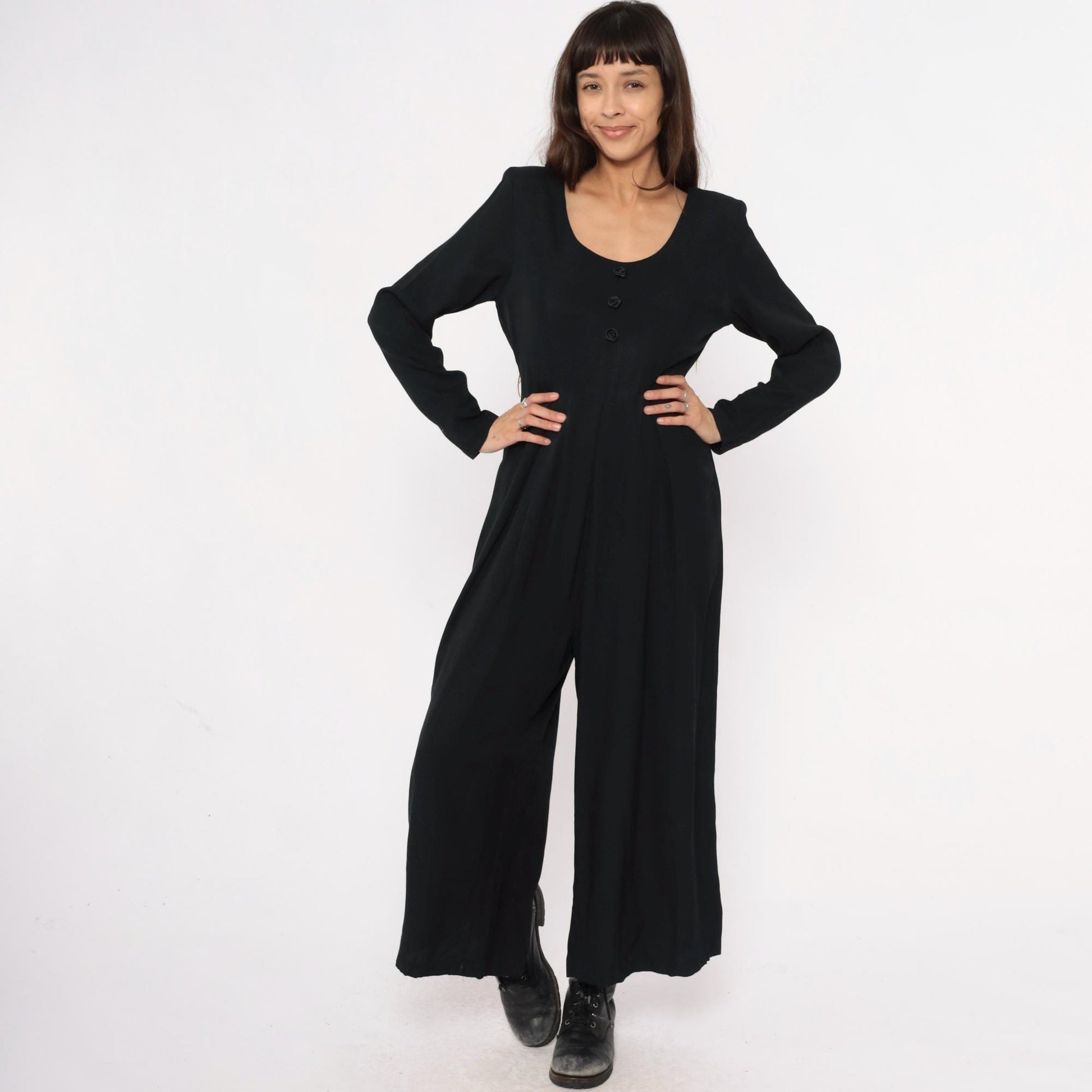 90s Express Black Wide-Leg Jumpsuit Tie Waist Long Sleeve Medium