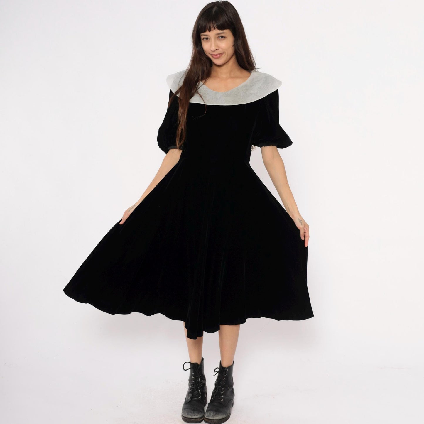 Y2K Yuki Torii Black Velvet Midi Dress White Peter Pan Collar Medium M