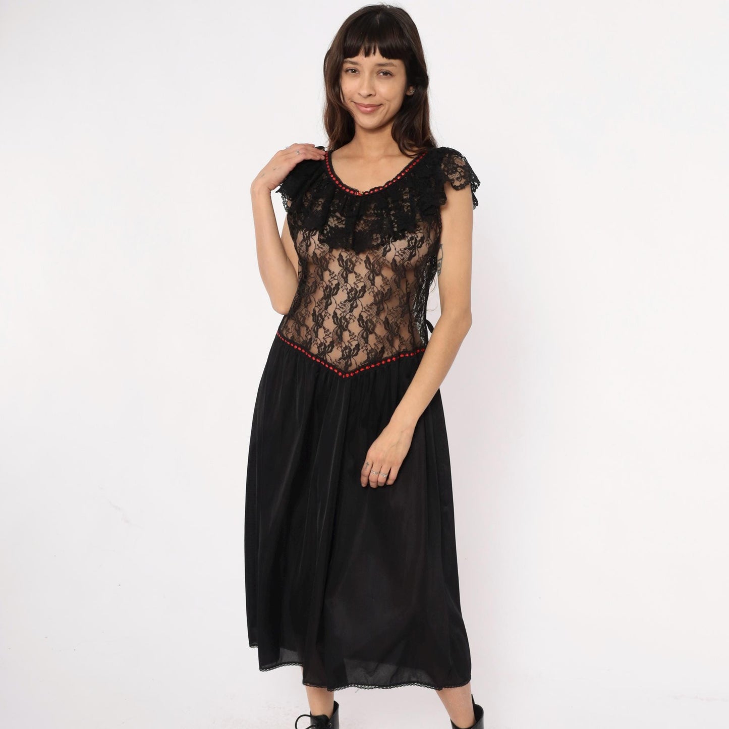 80s Stroke of Midnight Black Lace Nightgown Red Beaded Trim Maxi Large