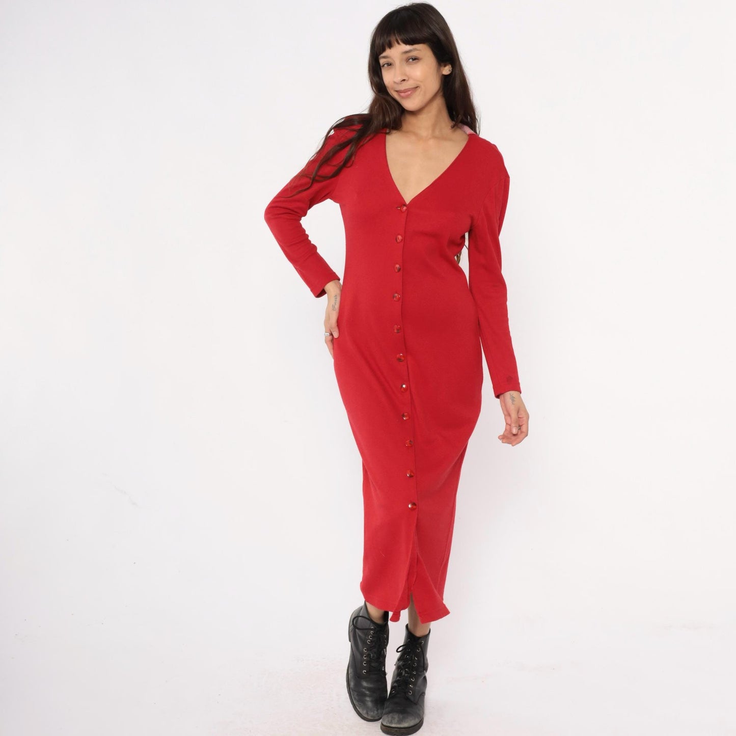 90s Moda Intl Black Maxi Dress Red Yoke Gold Buttons Medium