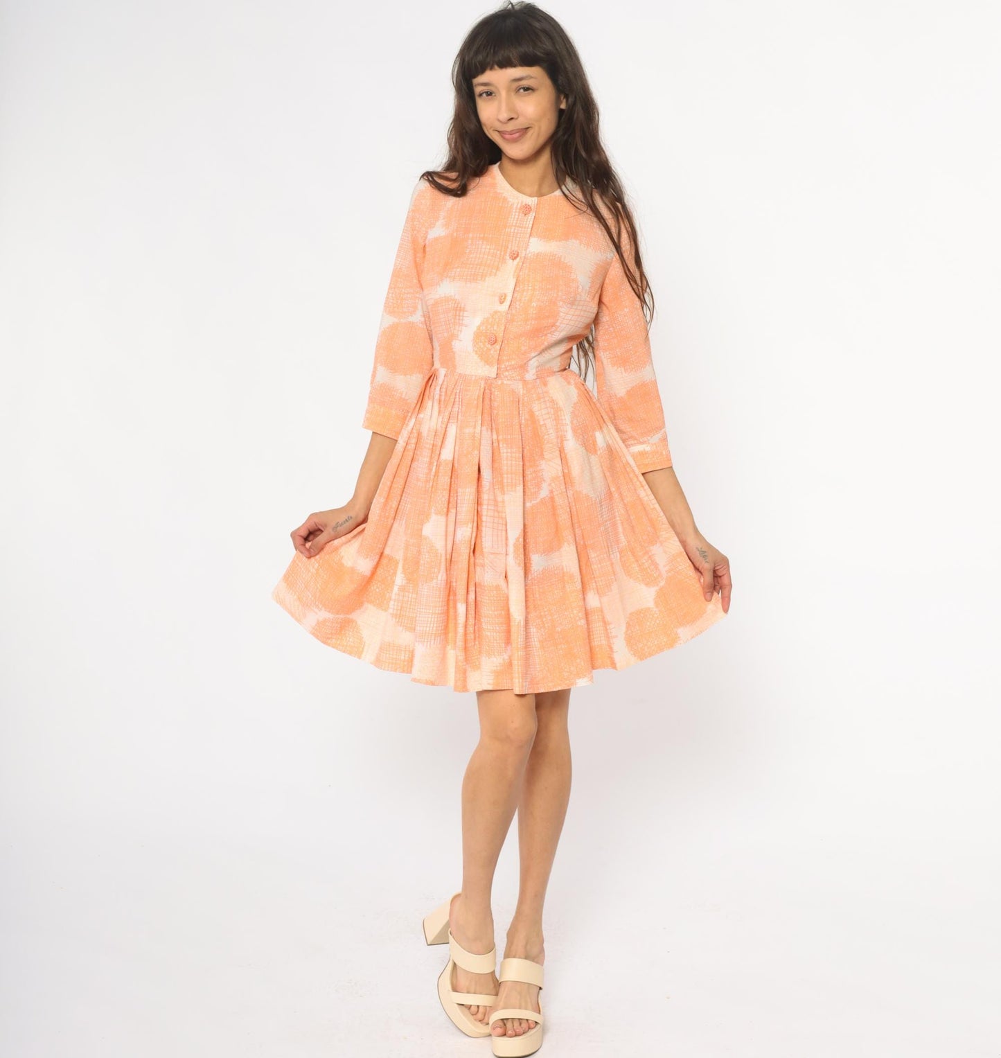 60s Peach Floral Button Front Dress Peter Pan Collar Pleated Skirt XS