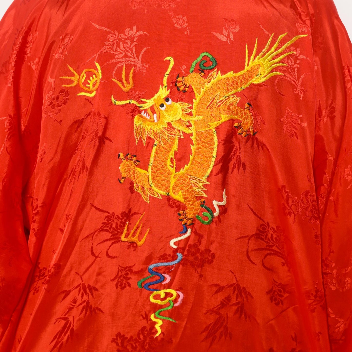 80s Dragon Kimono Robe Red Satin Embroidered Dressing Gown Medium