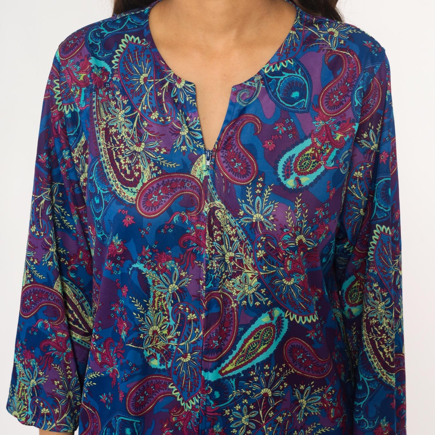 80s Paisley Shift Dress V-Neck Three-Quarter Sleeve Knee Length Large L