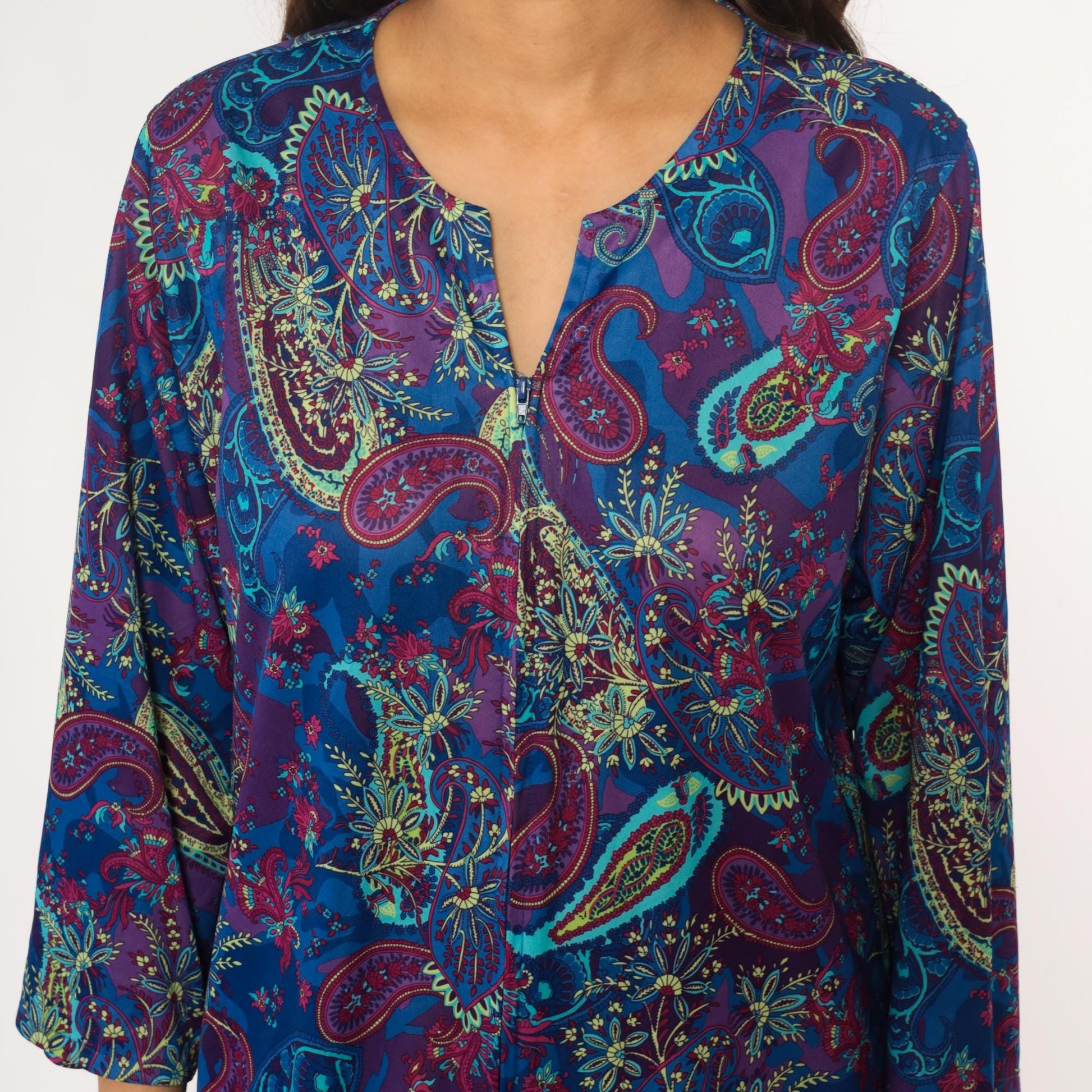 80s Paisley Shift Dress V-Neck Three-Quarter Sleeve Knee Length Large L