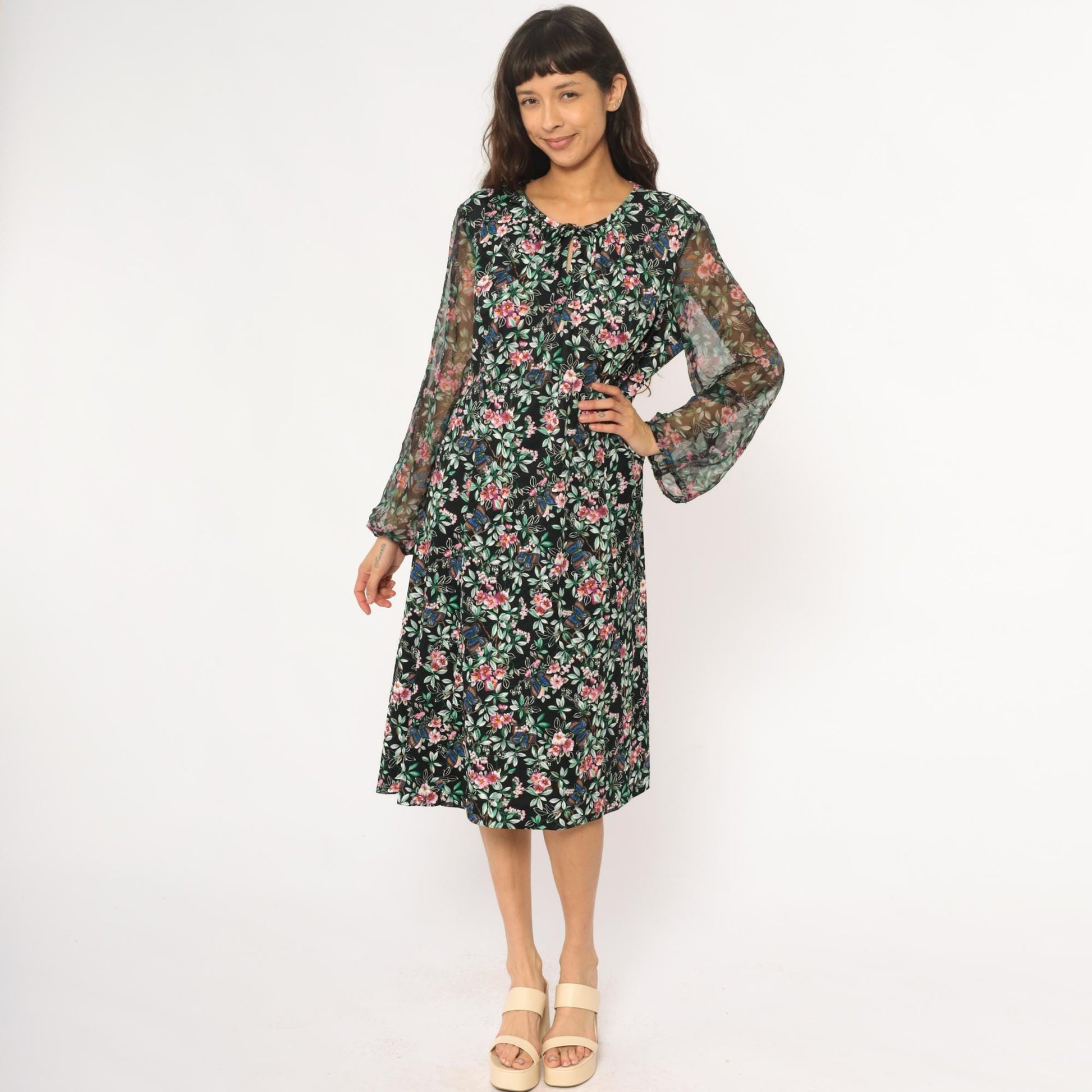 70s Black Floral Midi Dress Butterfly Print V-Neck Long Sleeve Extra Large