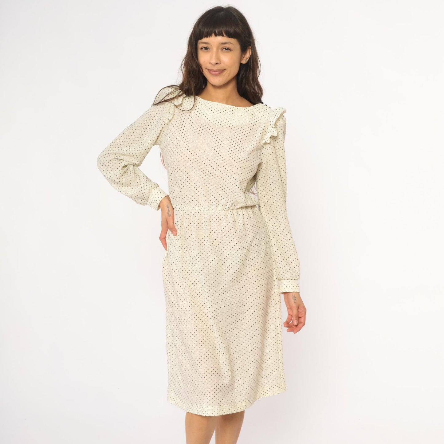 80s Ivory Polka Dot Midi Dress Ruffled Collar Long Sleeve Medium M