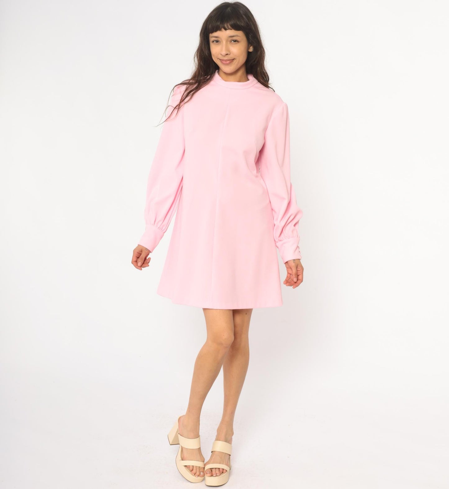 70s Pink Mini Dress Mock Neck Long Sleeve Shift A-Line Puff Sleeve Large L