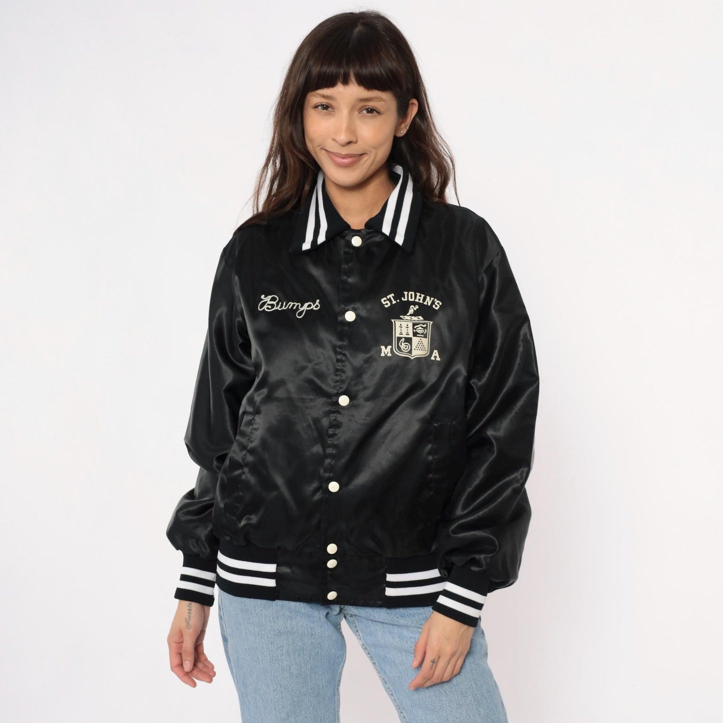 80s Black Satin Varsity Jacket Silver Rifles Drill Team Embroidered Medium