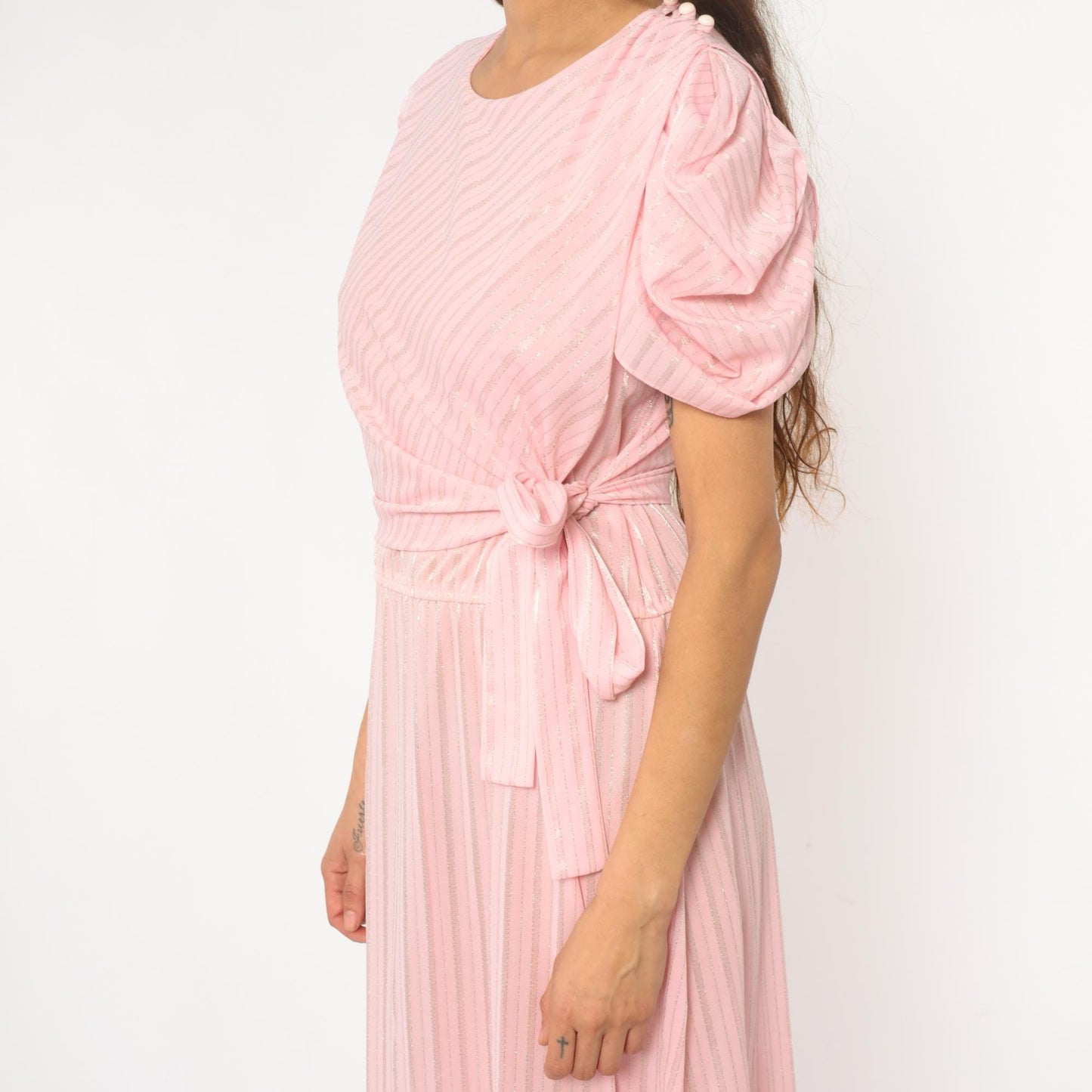 80s Pink Diagonal Stripe Midi Dress Puff Sleeve Tie Waist Small
