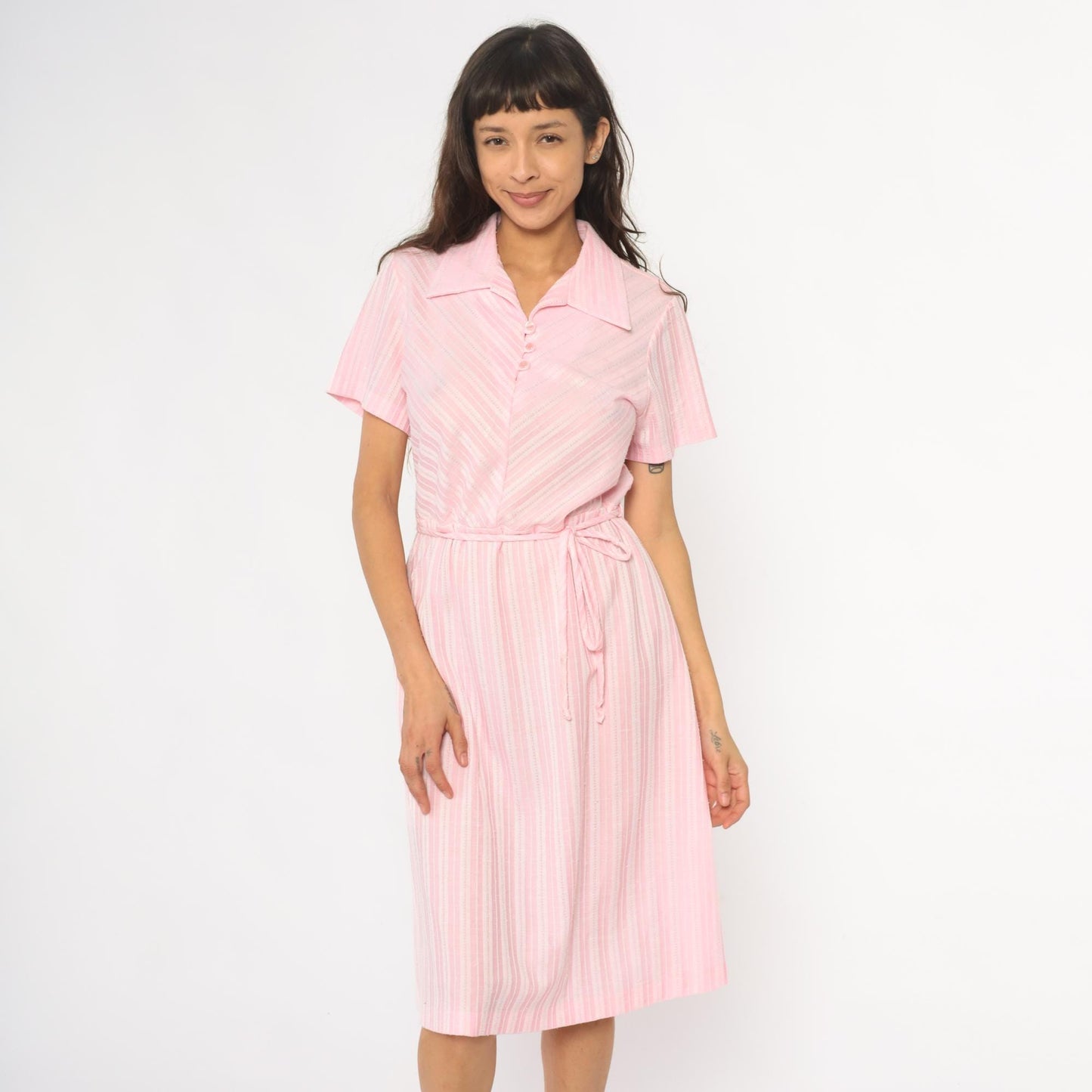 80s Pink Striped Shirt Dress Midi Polo Collar Button Front Medium