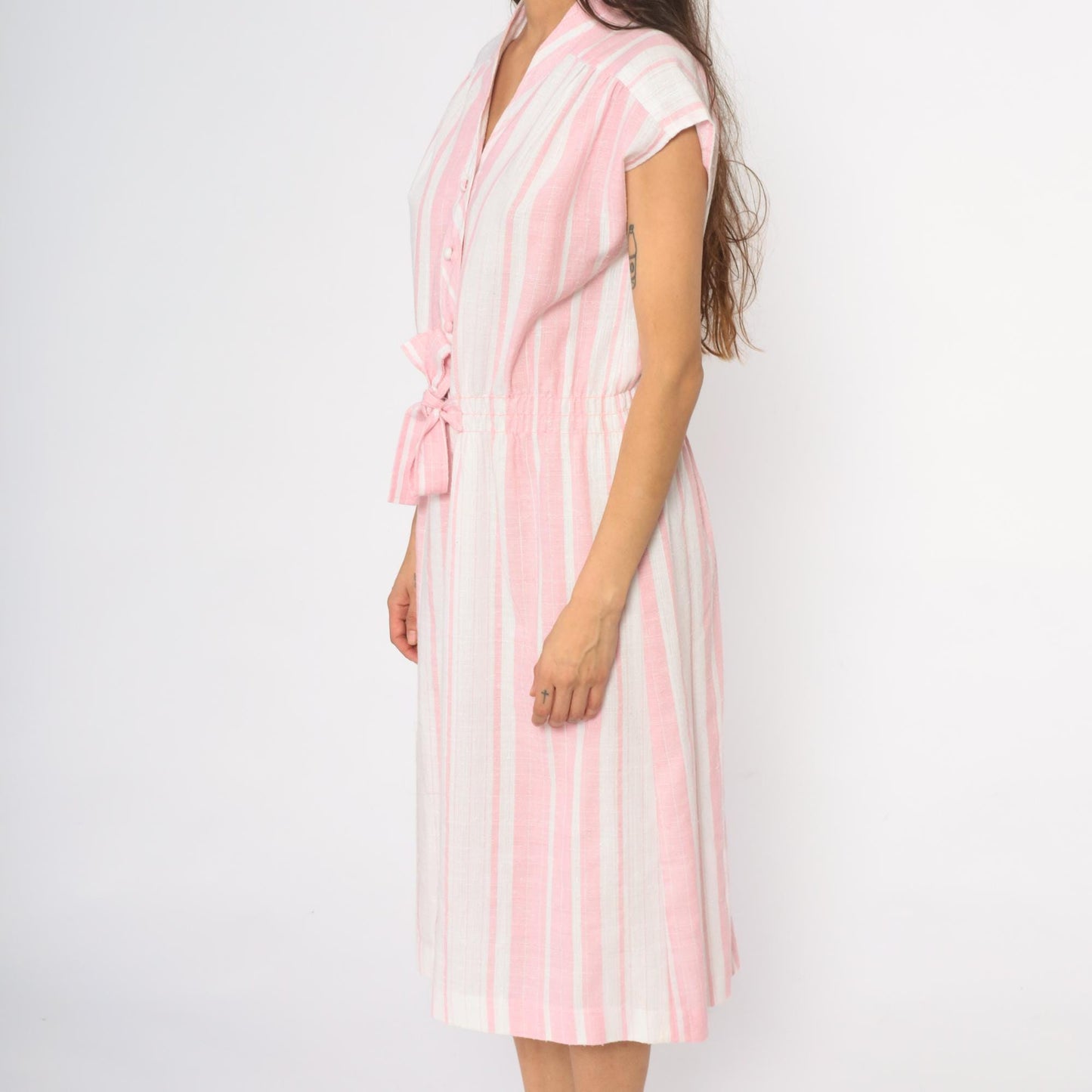 80s Murray Meisner Pink Striped Midi Dress Button Front V-Neck Small