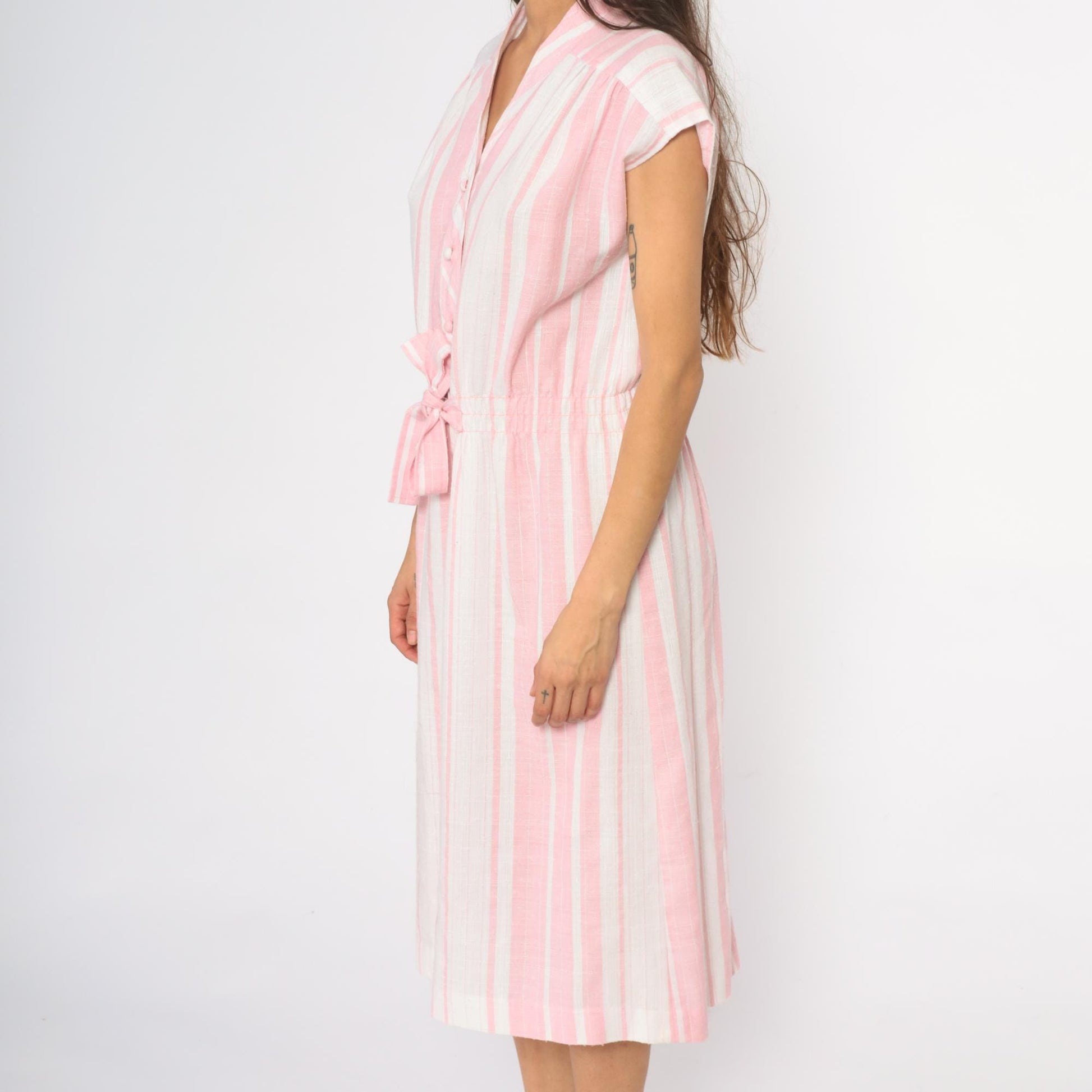 80s Murray Meisner Pink Striped Midi Dress Button Front V-Neck Small
