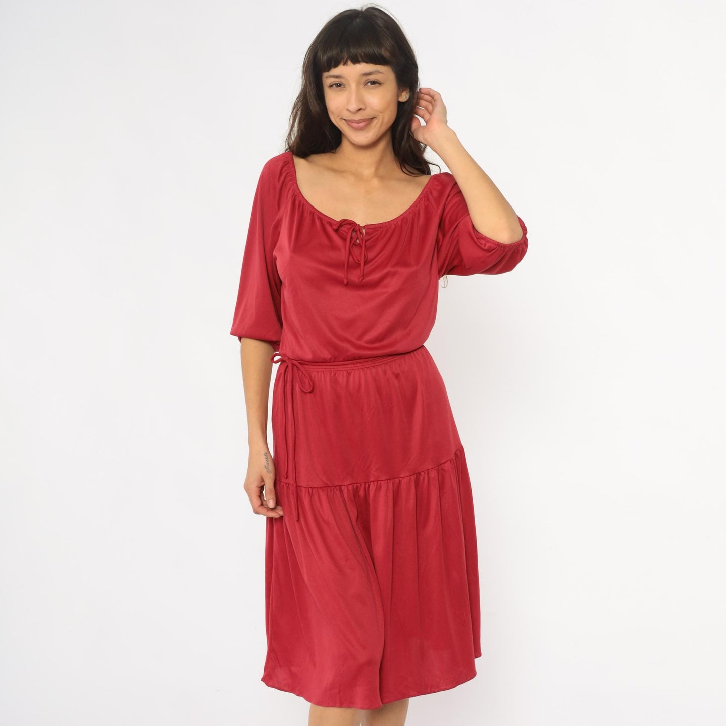 70s Cranberry Red Midi Dress Prairie Peasant Tiered Ruffle Drawstring Small Medium