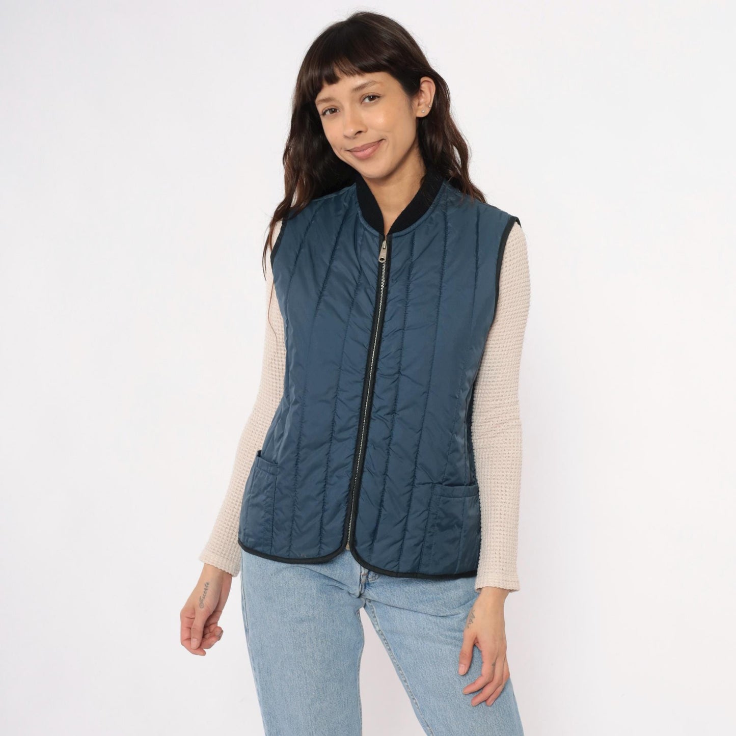 80s Sears Navy Quilted Vest Zip Front Puffer Sleeveless Medium