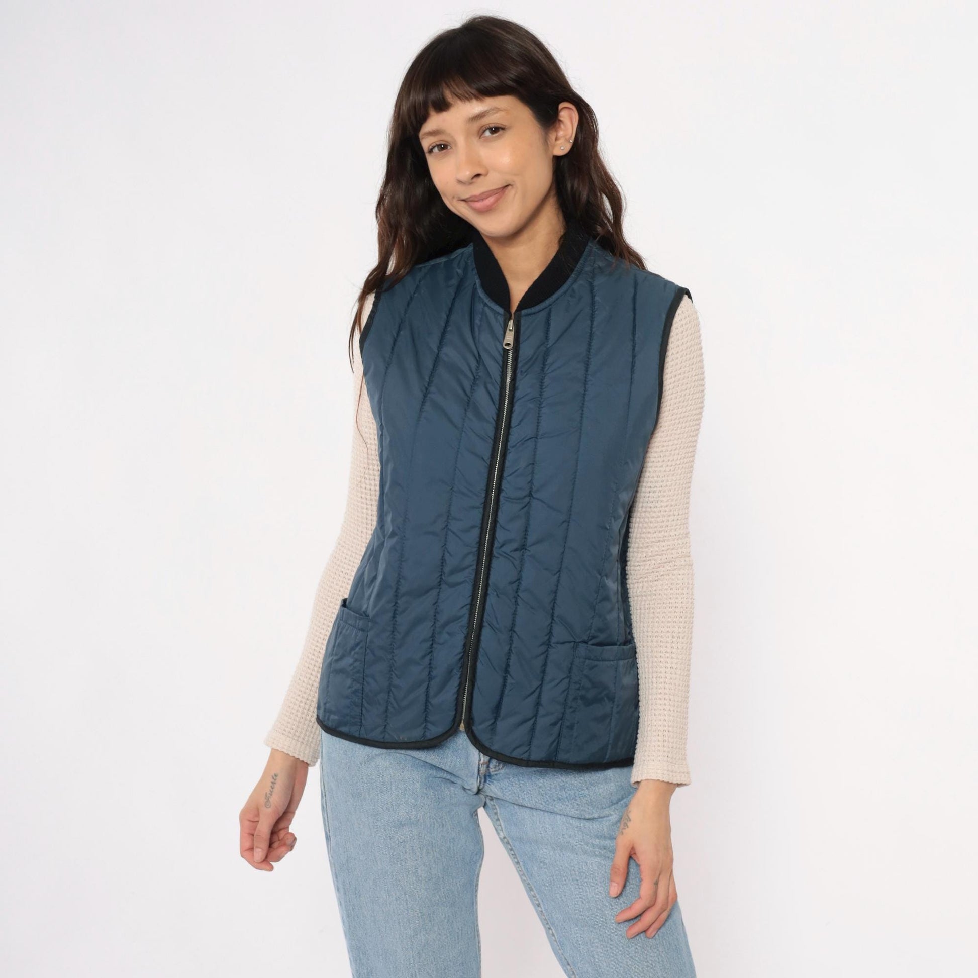 80s Sears Navy Quilted Vest Zip Front Puffer Sleeveless Medium