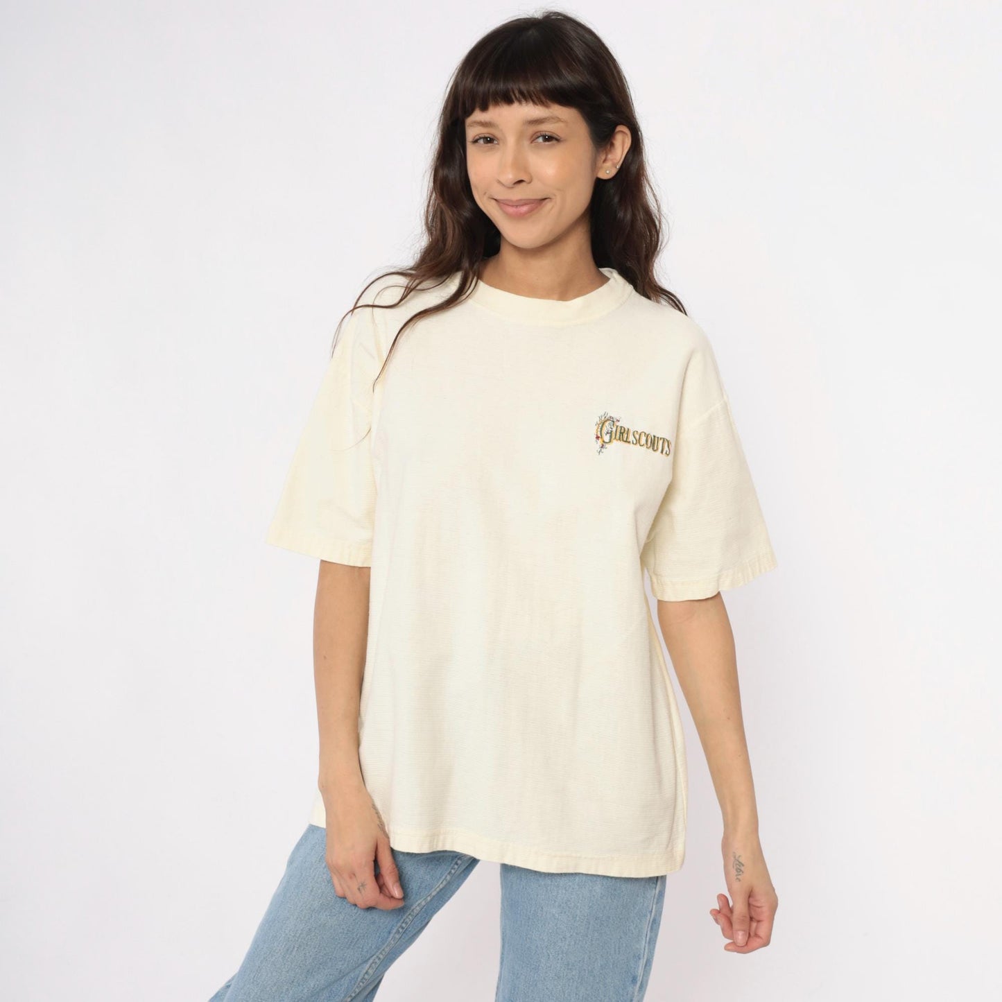 90s Girl Scouts Embroidered Logo Cotton Tee Cream Large L