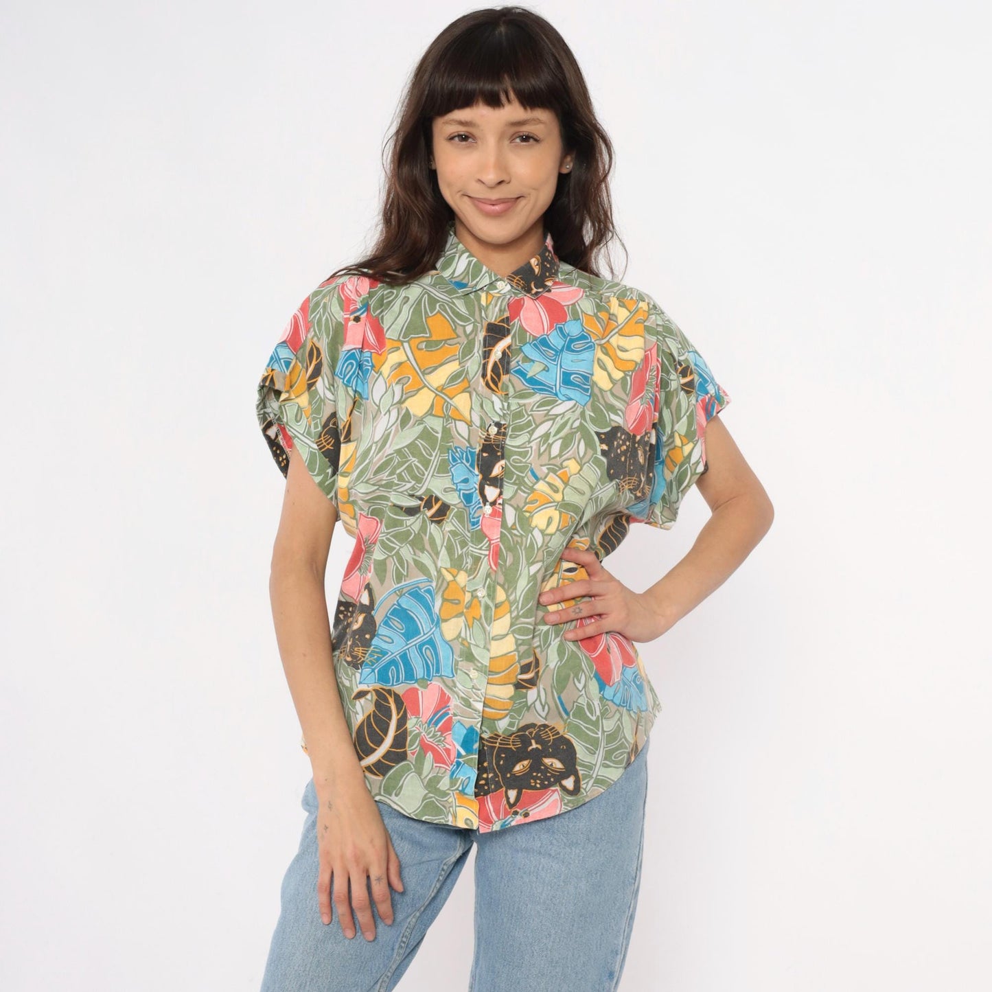 90s Black Panther Tropical Print Button-Up Shirt Monstera Leaf Multicolor Large L