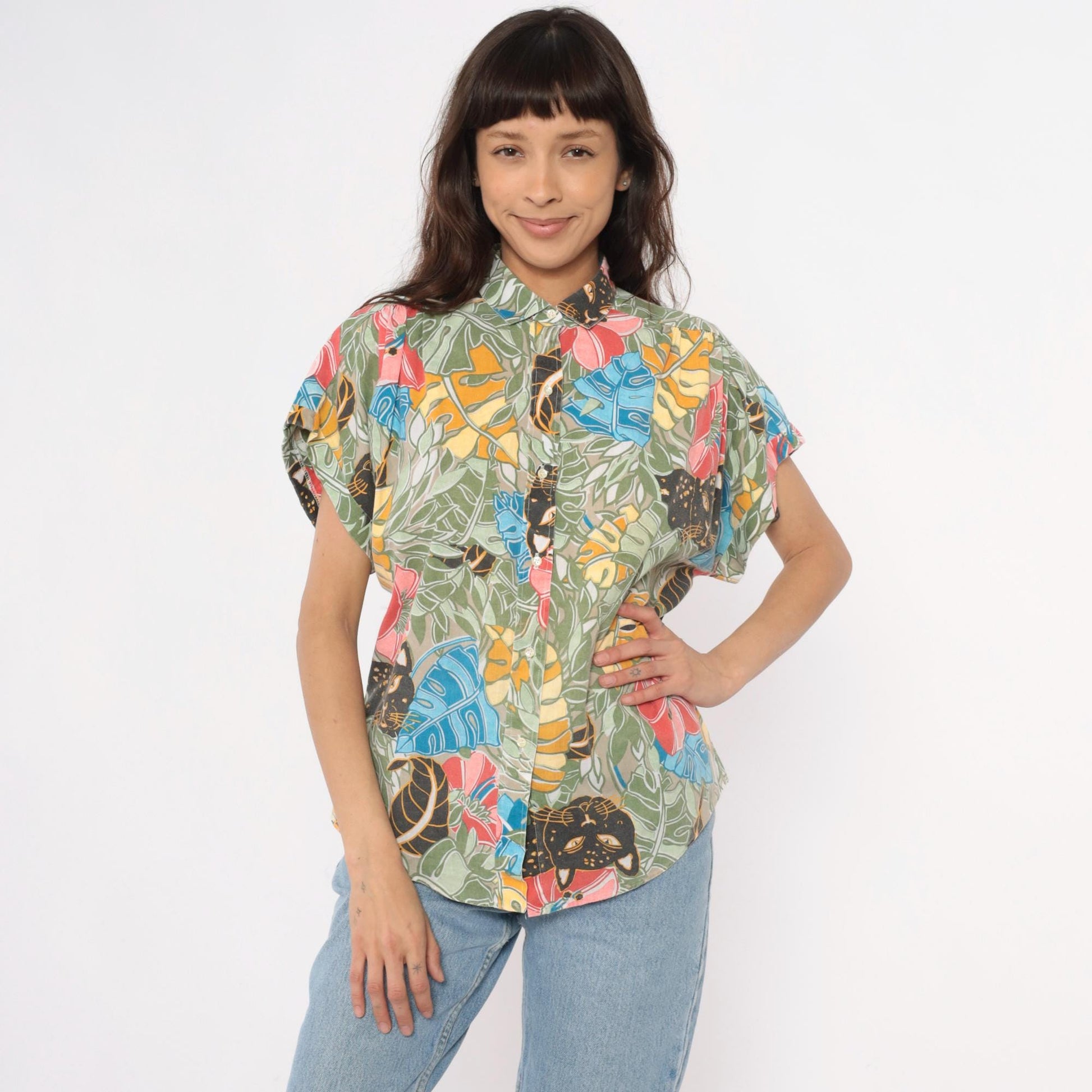 90s Black Panther Tropical Print Button-Up Shirt Monstera Leaf Multicolor Large L