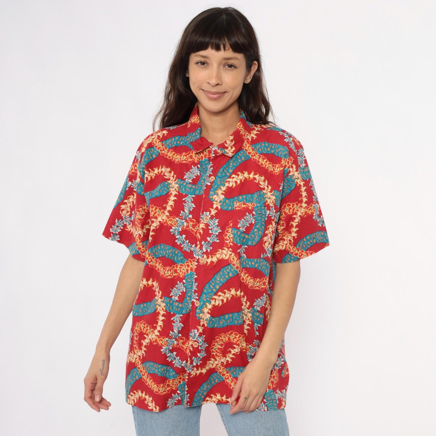 90s Hawaiian Shirt Red Lei Print Camp Collar Cotton Mens Extra Large XL