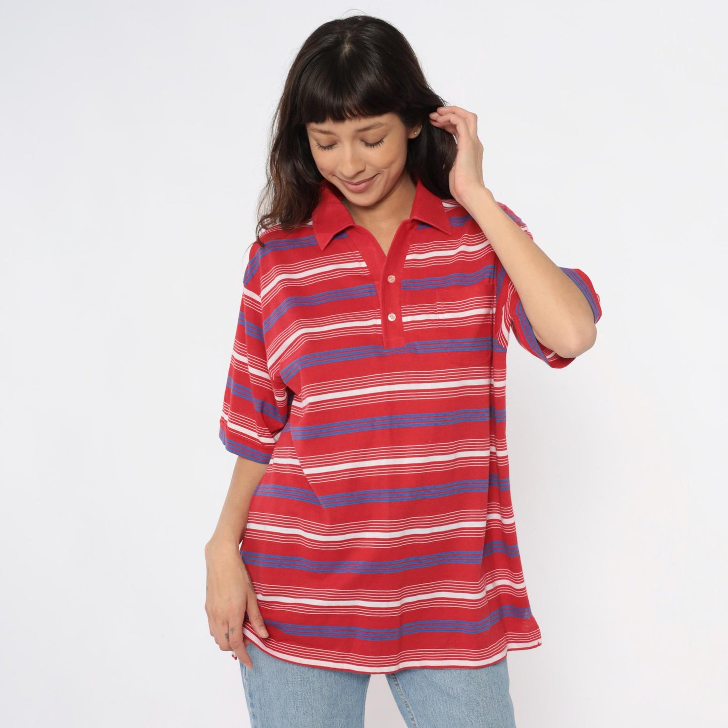 80s Red Striped Polo Shirt White Blue Horizontal Stripes Collared Extra Large XL
