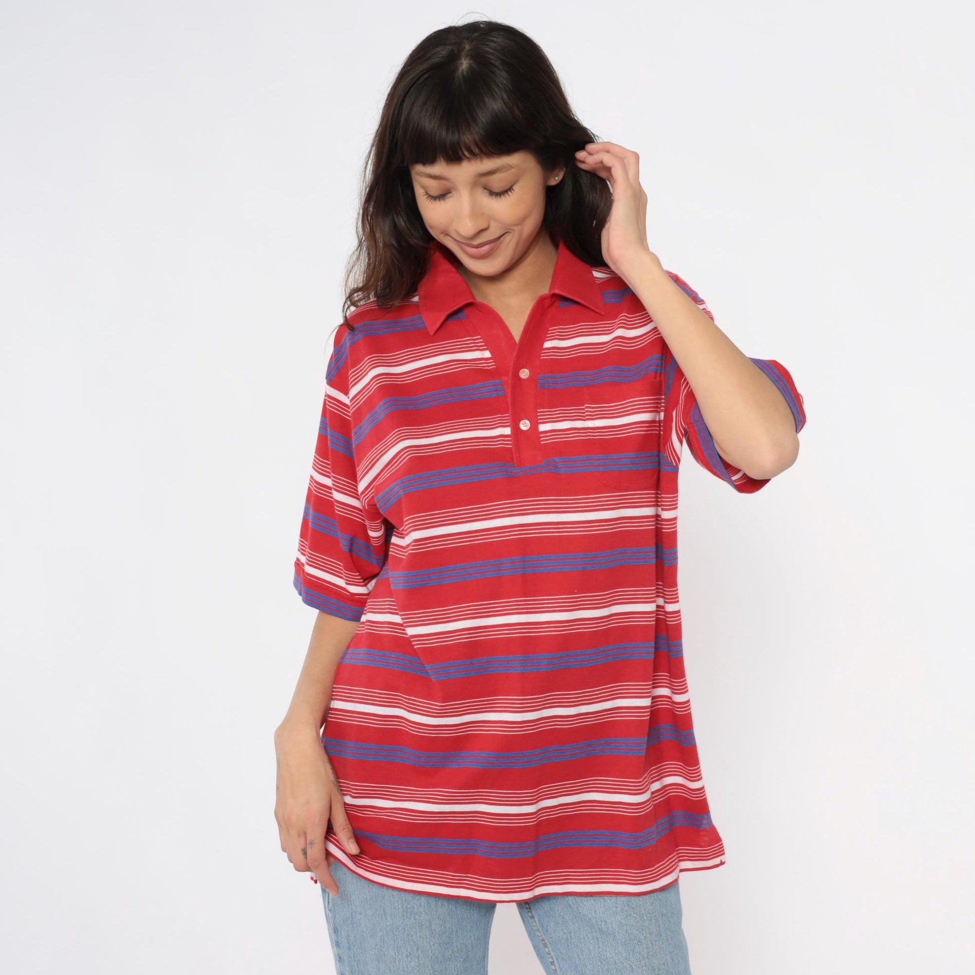 80s Red Striped Polo Shirt White Blue Horizontal Stripes Collared Extra Large XL