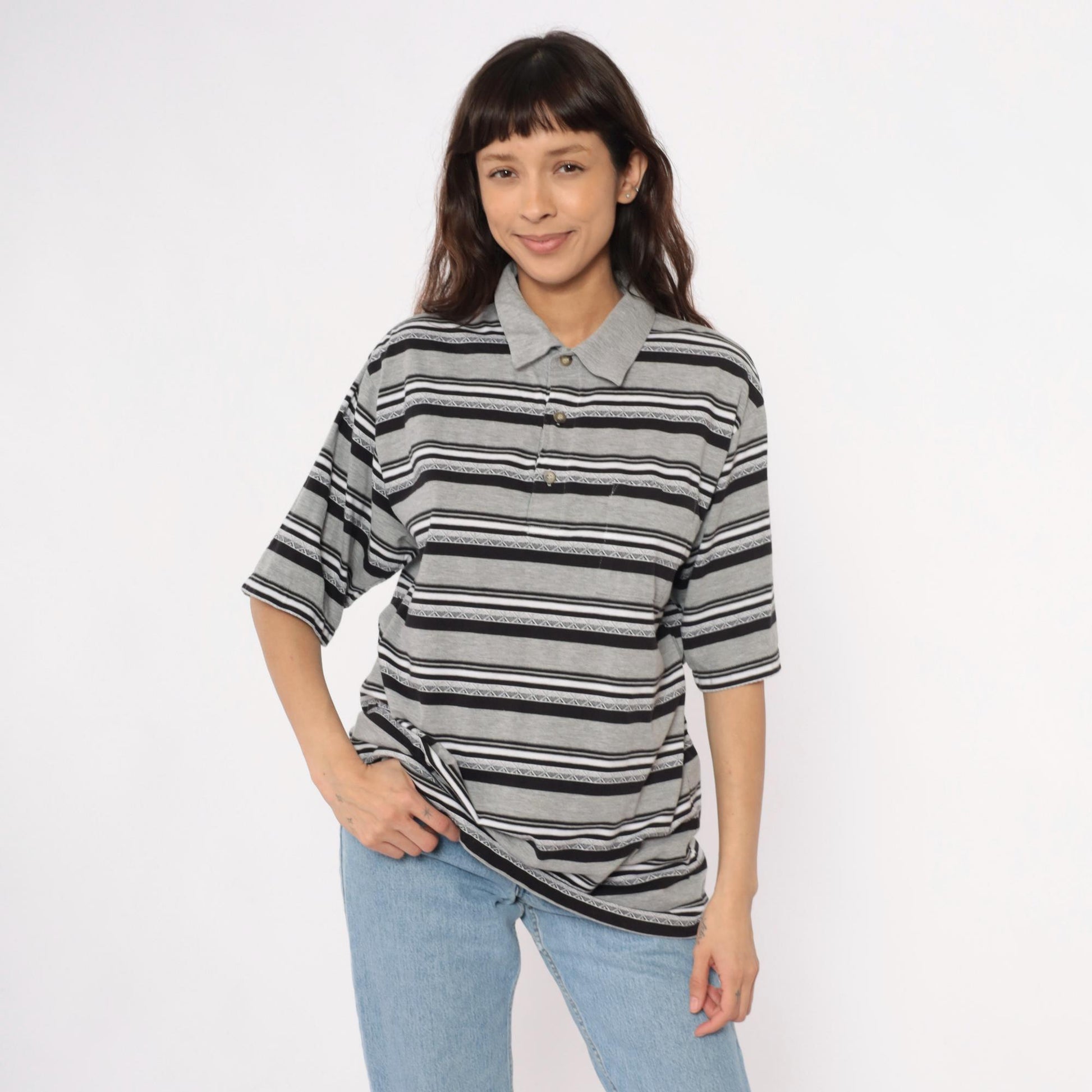 90s Classic by Palmland Striped Polo Shirt Grey Black White Extra Large XL