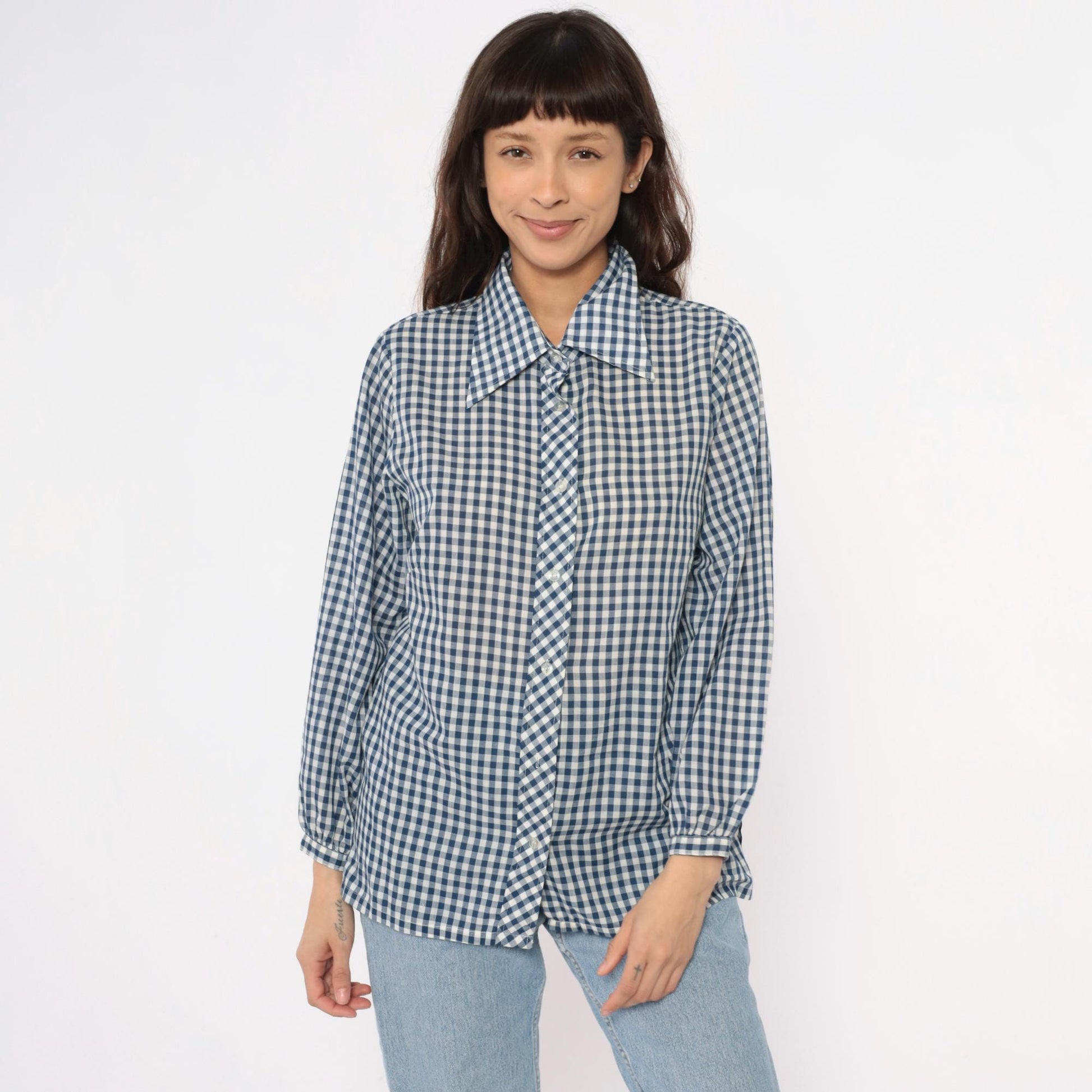 80s Lane Bryant Navy Gingham Check Button-Up Blouse Peter Pan Collar Plus Size XXL