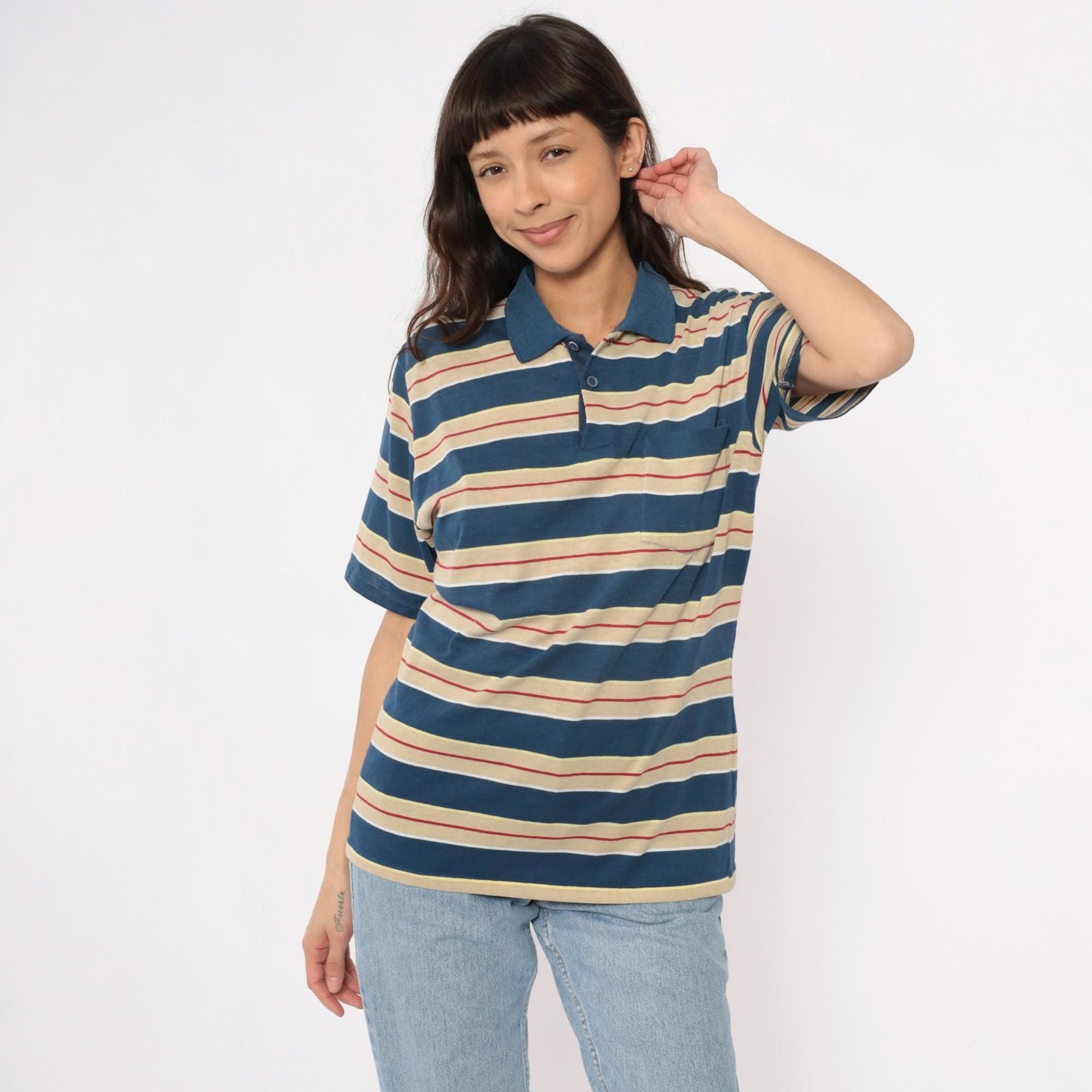 80s Striped Polo Shirt Navy Cream Red Horizontal Stripes Unisex Large