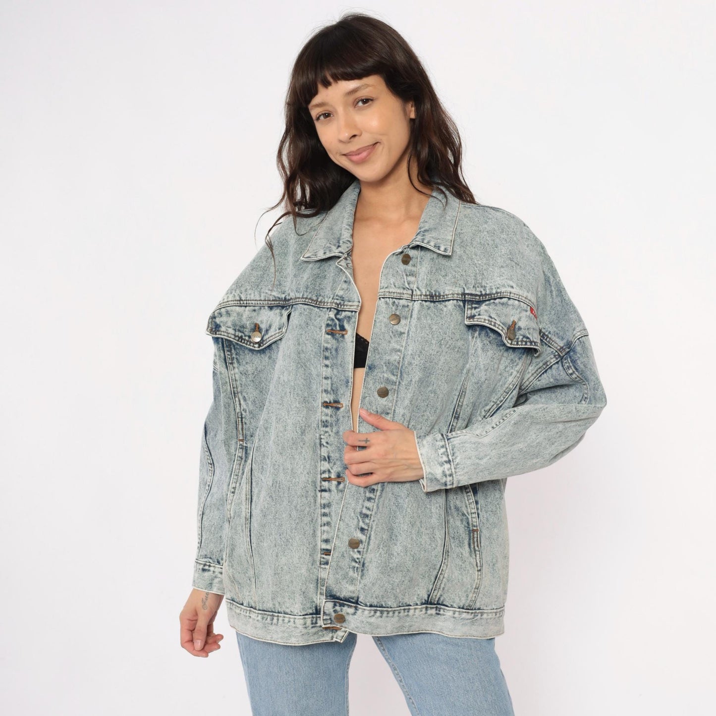 90s Bacini Acid Wash Denim Jacket Light Blue Button Front Small