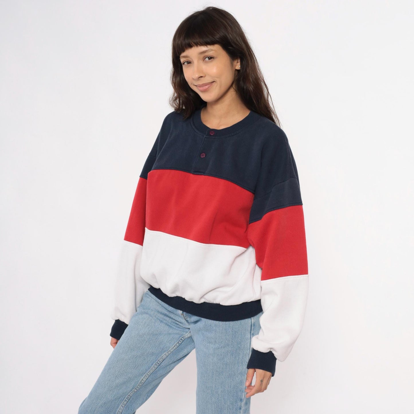 80s Color Block Sweatshirt Navy Red White Striped Henley Button Neck Medium