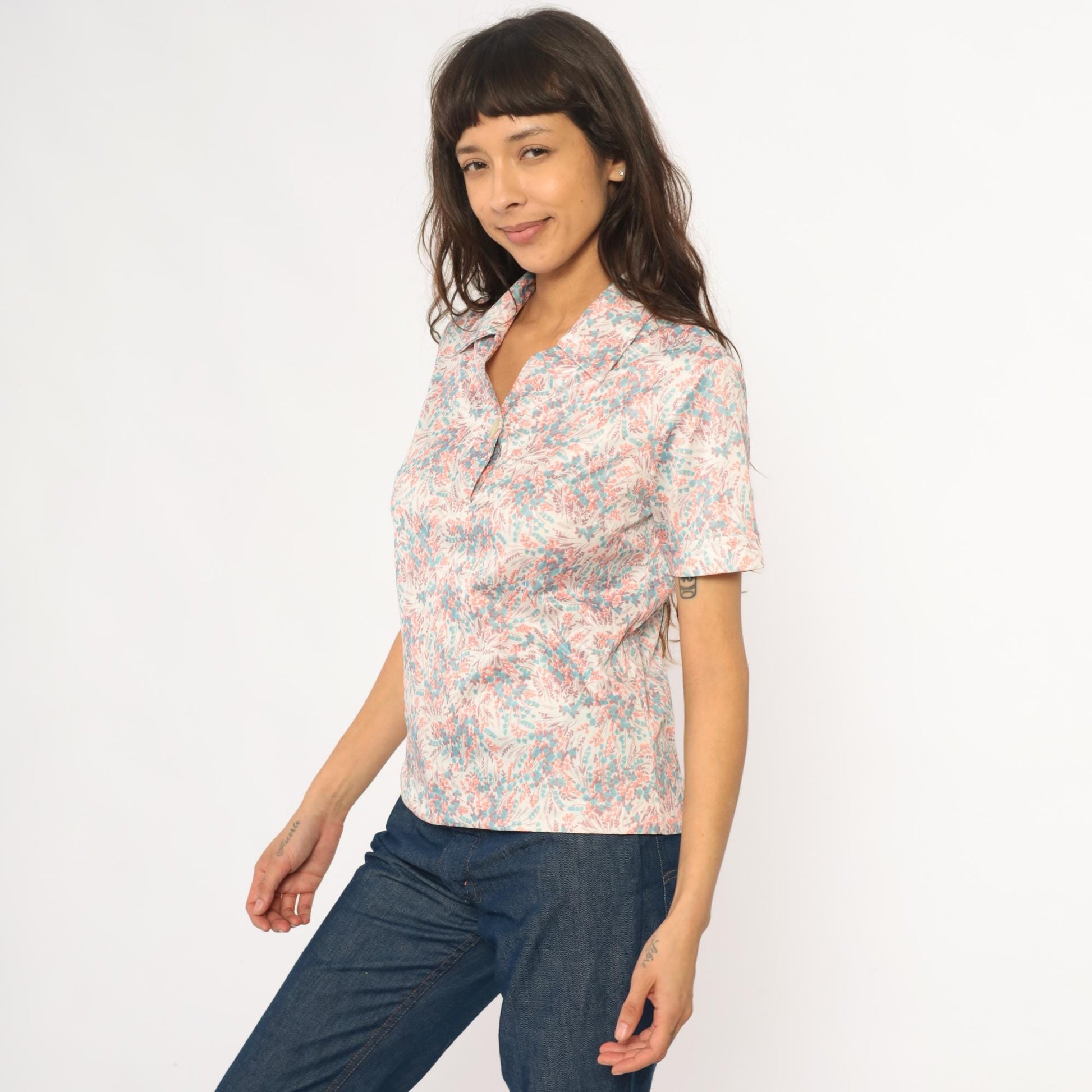 70s Floral Collared Blouse Cream Pink Turquoise Burgundy Short Sleeve Medium M