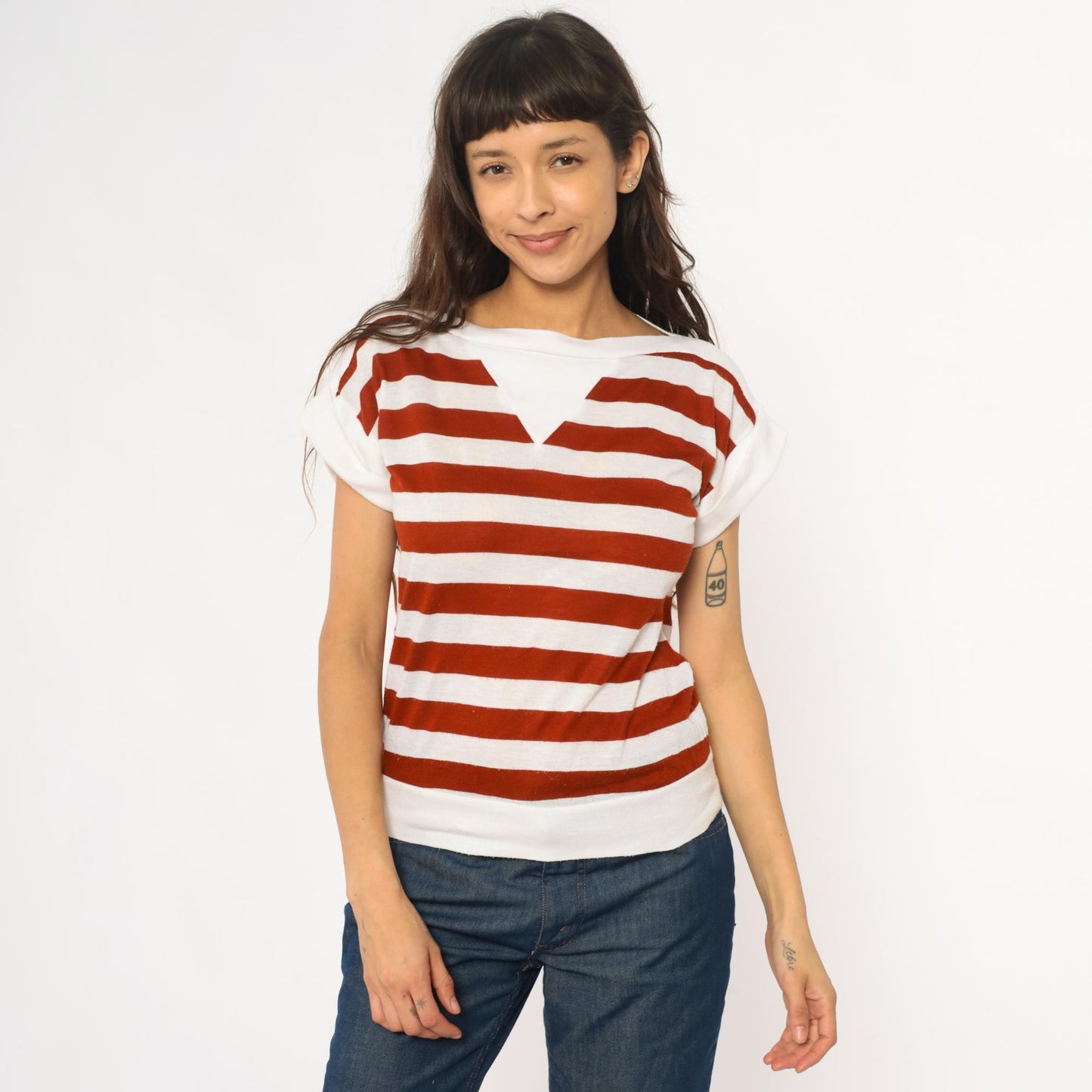 80s Rust & White Striped Boat Neck Tee Cotton Short Sleeve Small