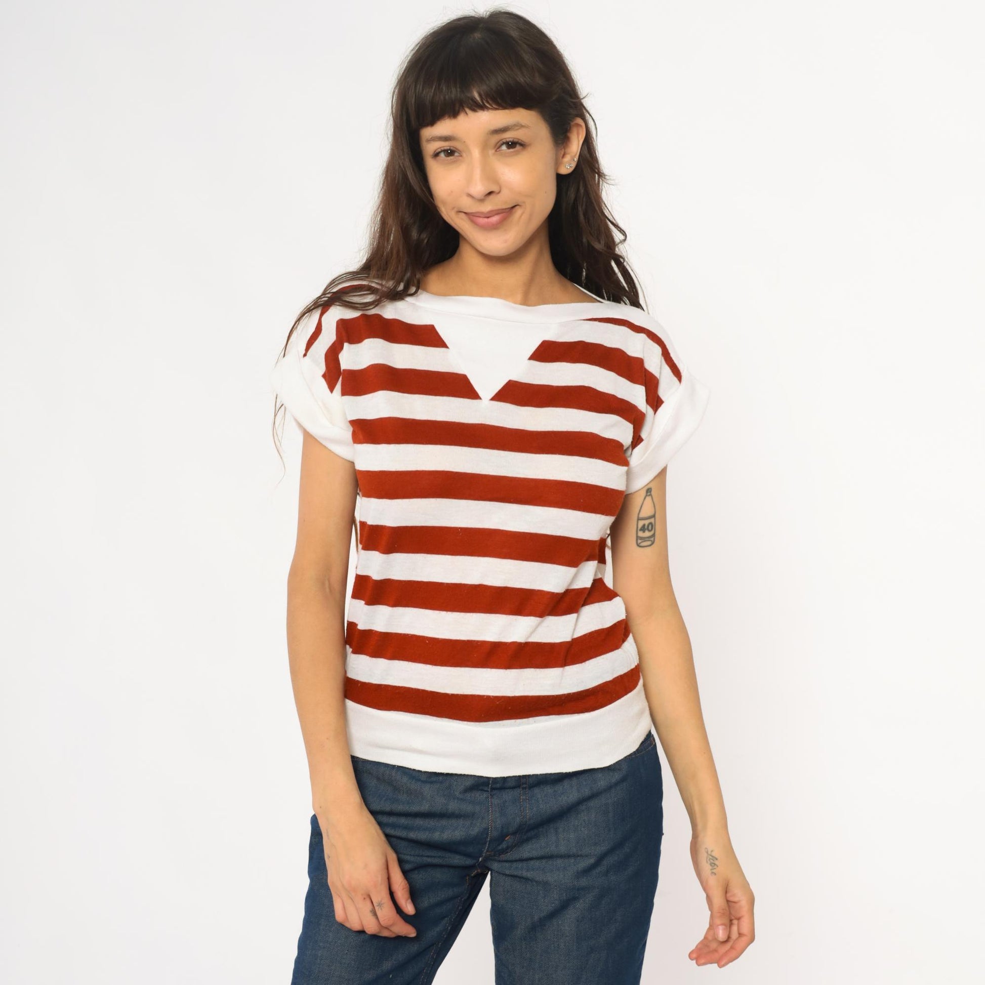 80s Rust & White Striped Boat Neck Tee Cotton Short Sleeve Small