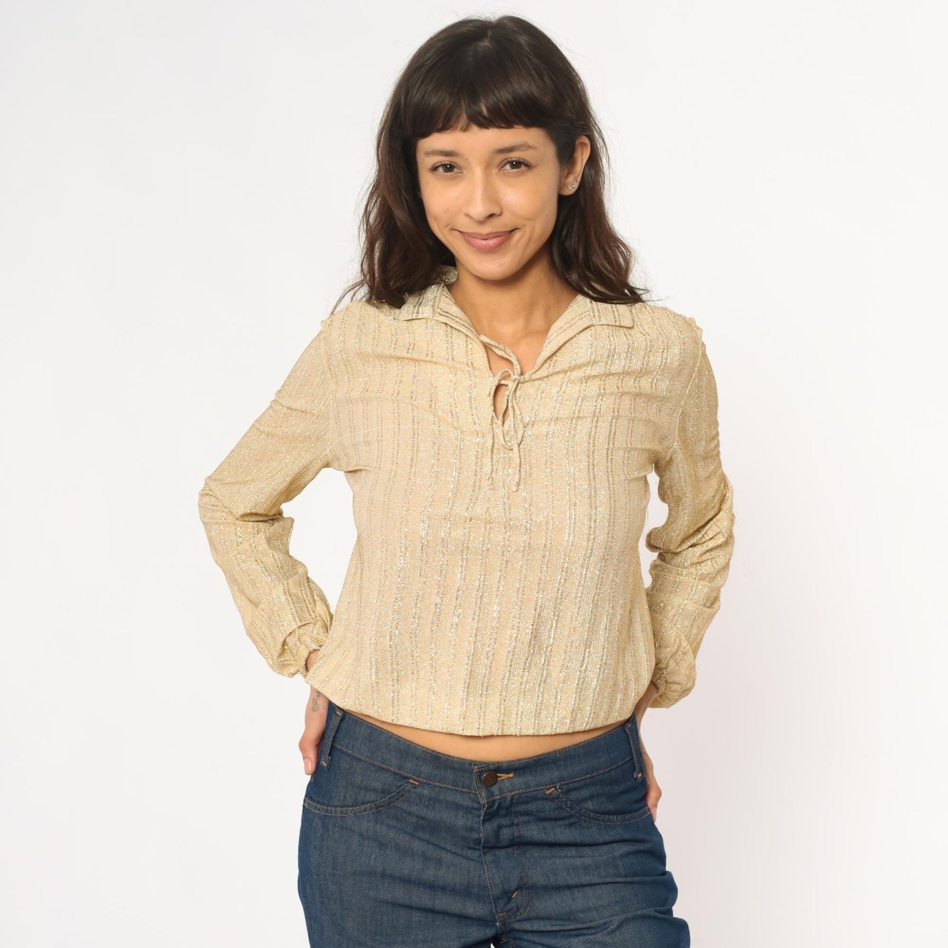 70s Judy Bond Gold Metallic Blouse Champagne Disco Collar Small