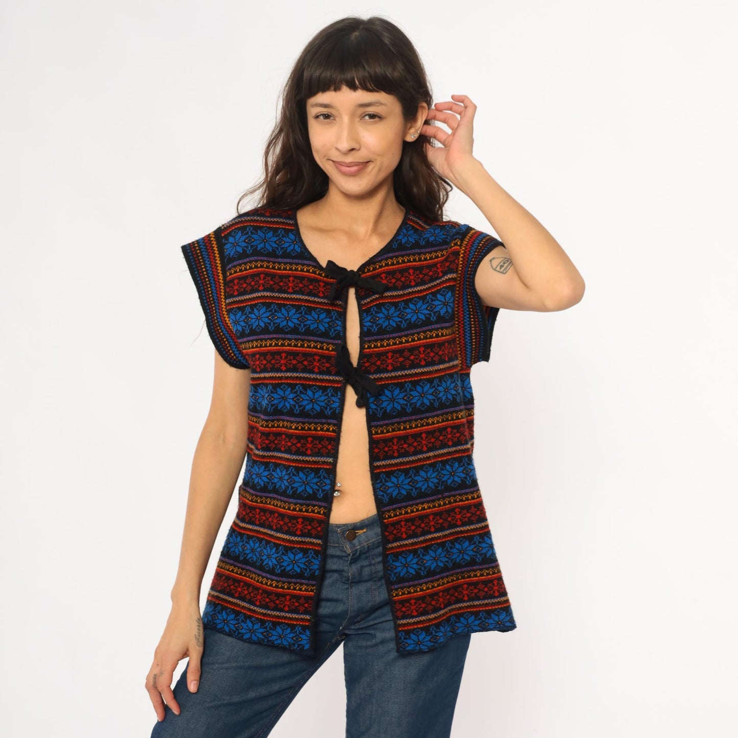 70s Southwestern Fair Isle Vest Tie Front Snowflake Knit Small