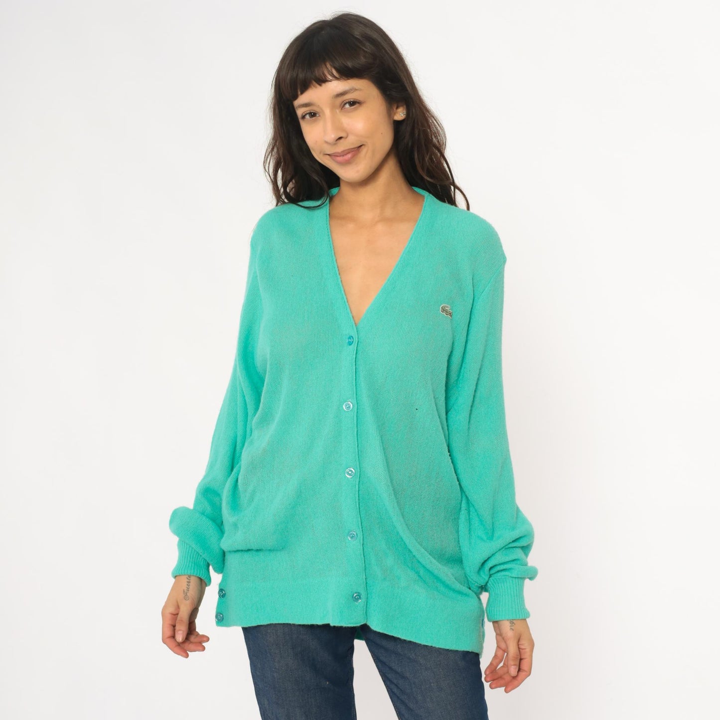 80s Lacoste Izod Turquoise Cardigan Crocodile Logo V-Neck Knit Medium
