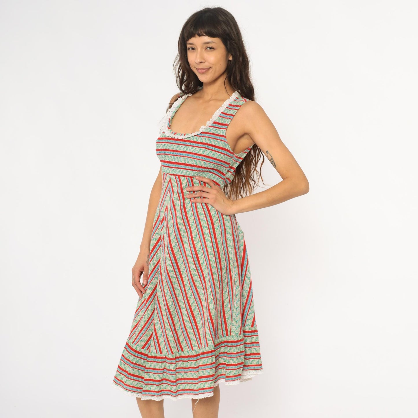 70s JC Penney Striped Chevron Prairie Dress Empire Waist Mint Small