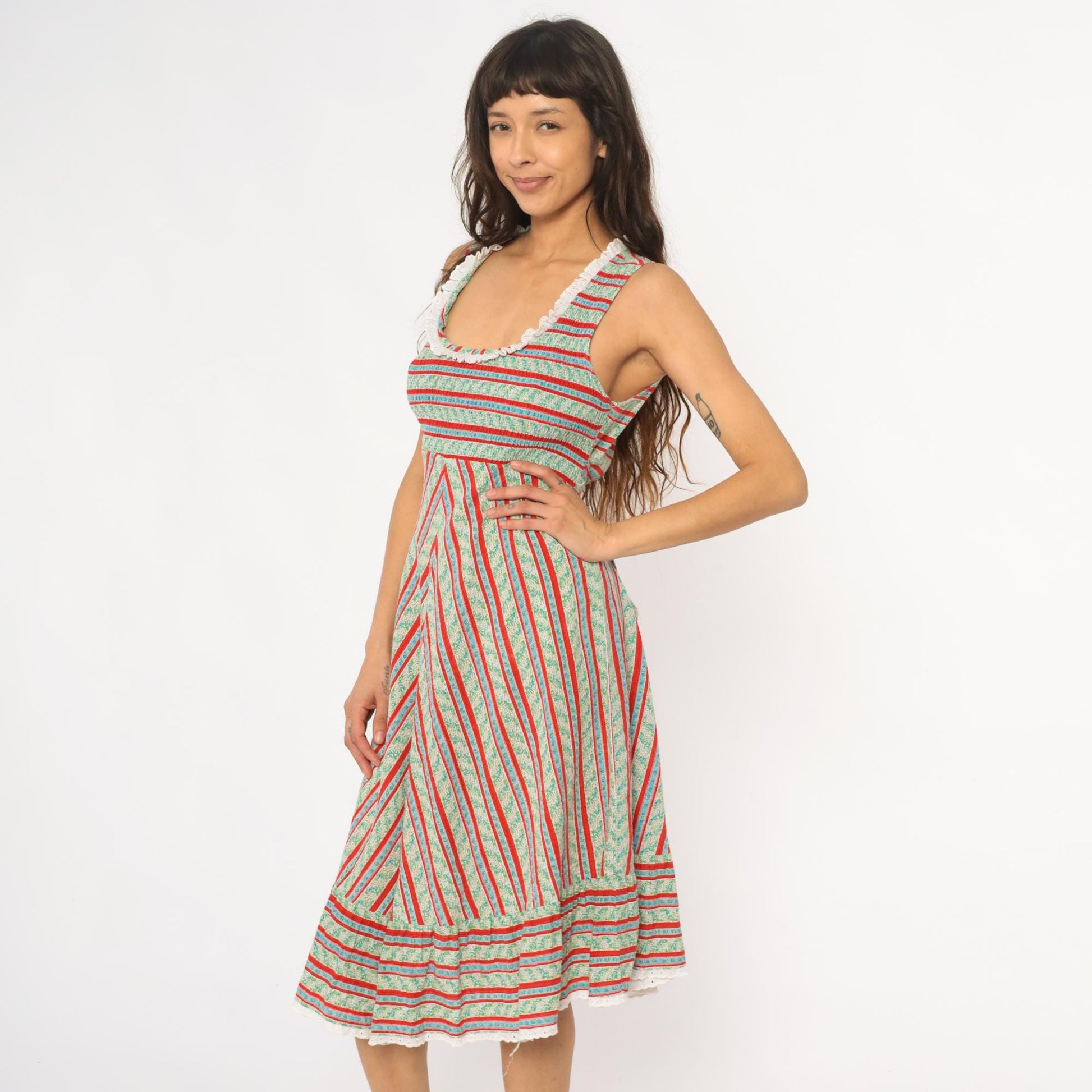 70s JC Penney Striped Chevron Prairie Dress Empire Waist Mint Small