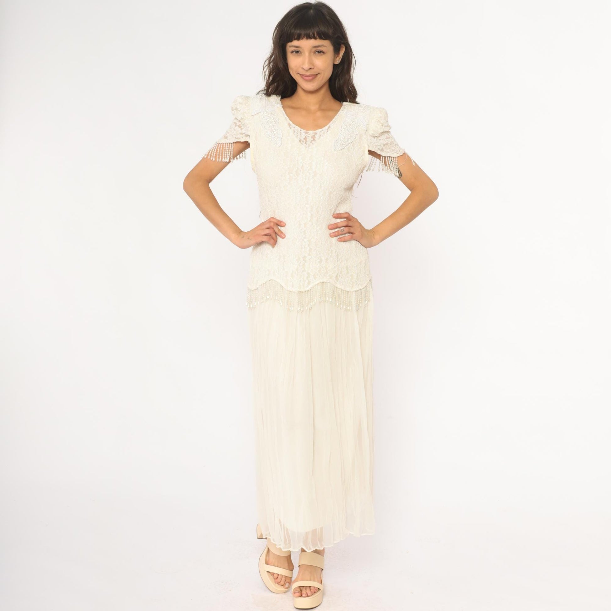 80s Cream Lace Puff Sleeve Dress Beaded Grape Detail Maxi Large L