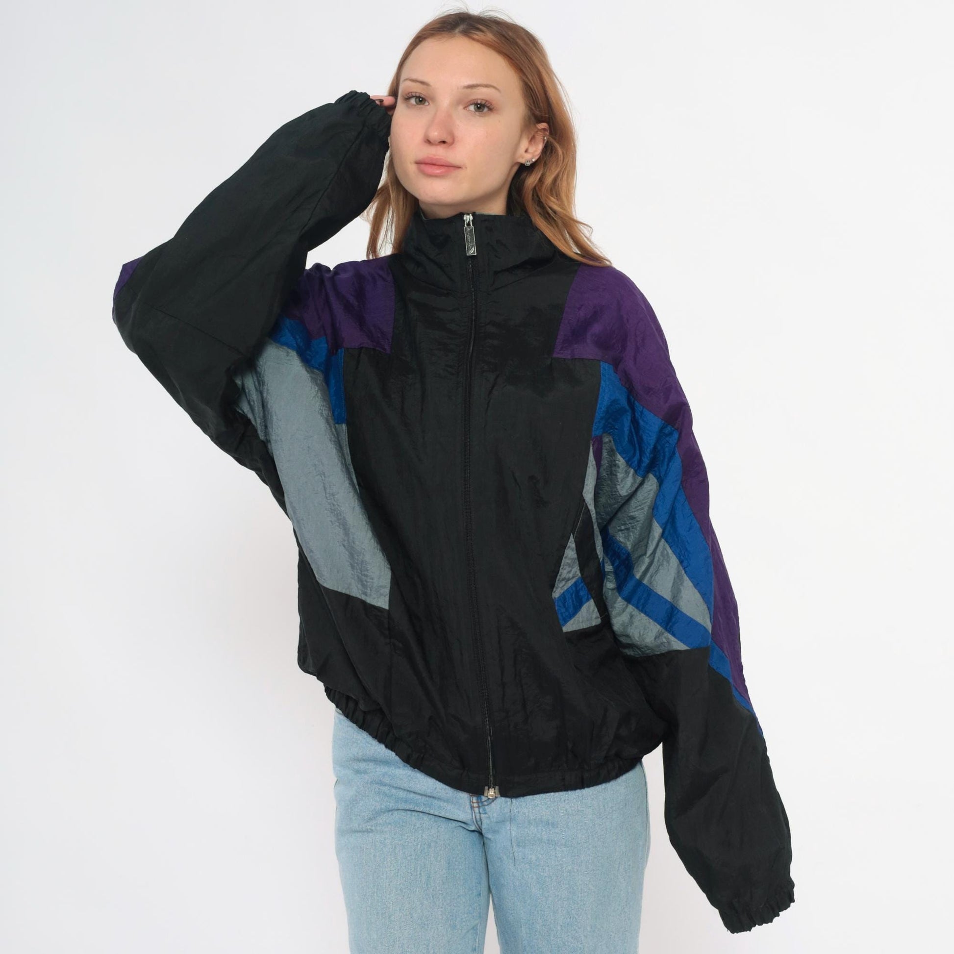 90s Colorblock Windbreaker Black Purple Blue Nylon Jacket Large L