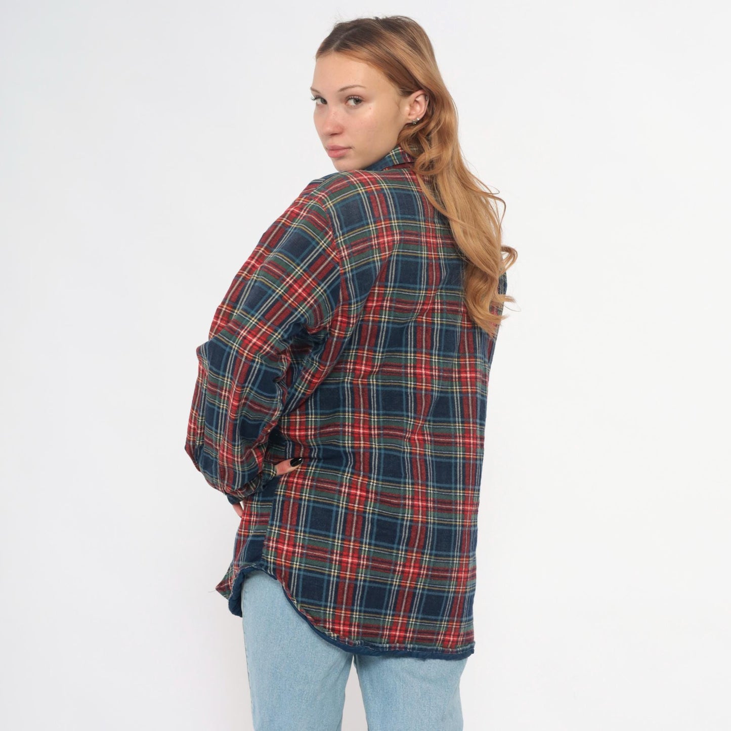 80s Timber Run Plaid Flannel Shirt Navy Red Green Tartan Quilted Medium