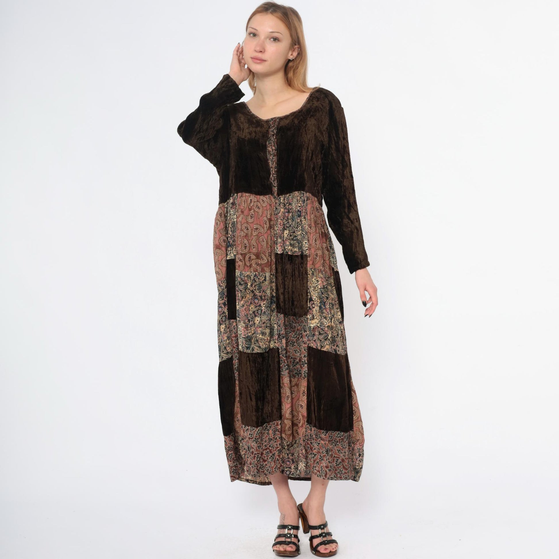 Y2K Bila Patchwork Velvet Maxi Dress Brown Paisley – Shopexile