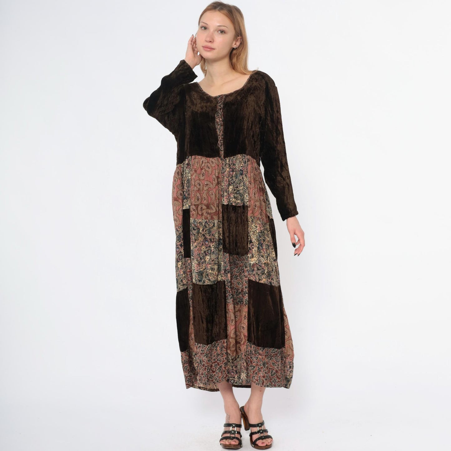 Y2K Bila Patchwork Velvet Maxi Dress Brown Paisley Rayon Small
