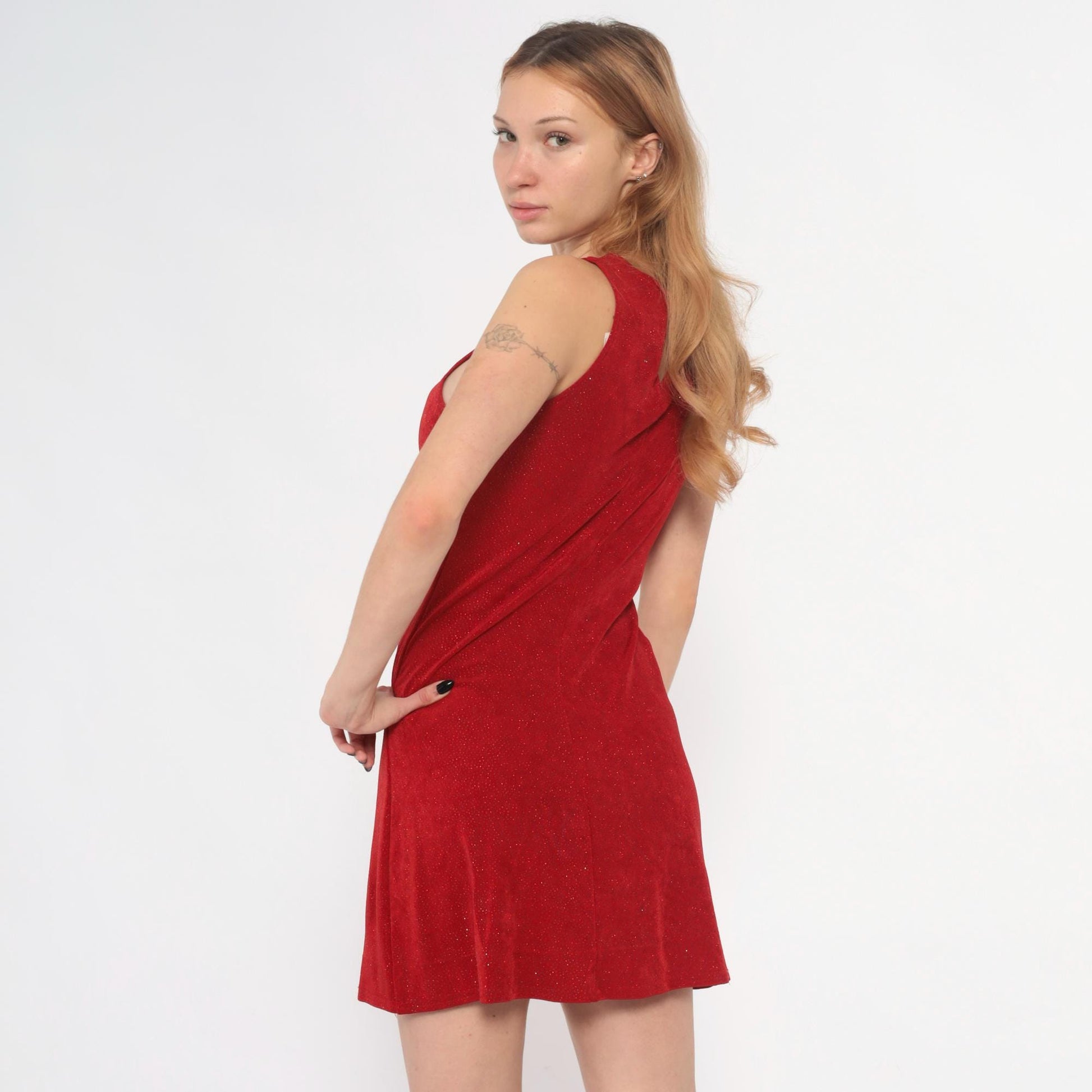 90s Red Sparkle Mini Dress Sleeveless Keyhole Back Small S