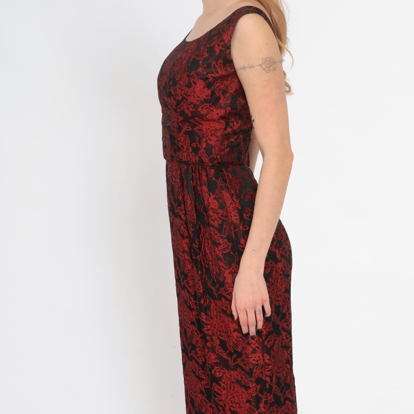 60s Red Black Brocade Empire Waist Evening Gown Floral Jacquard Sleeveless Extra Small