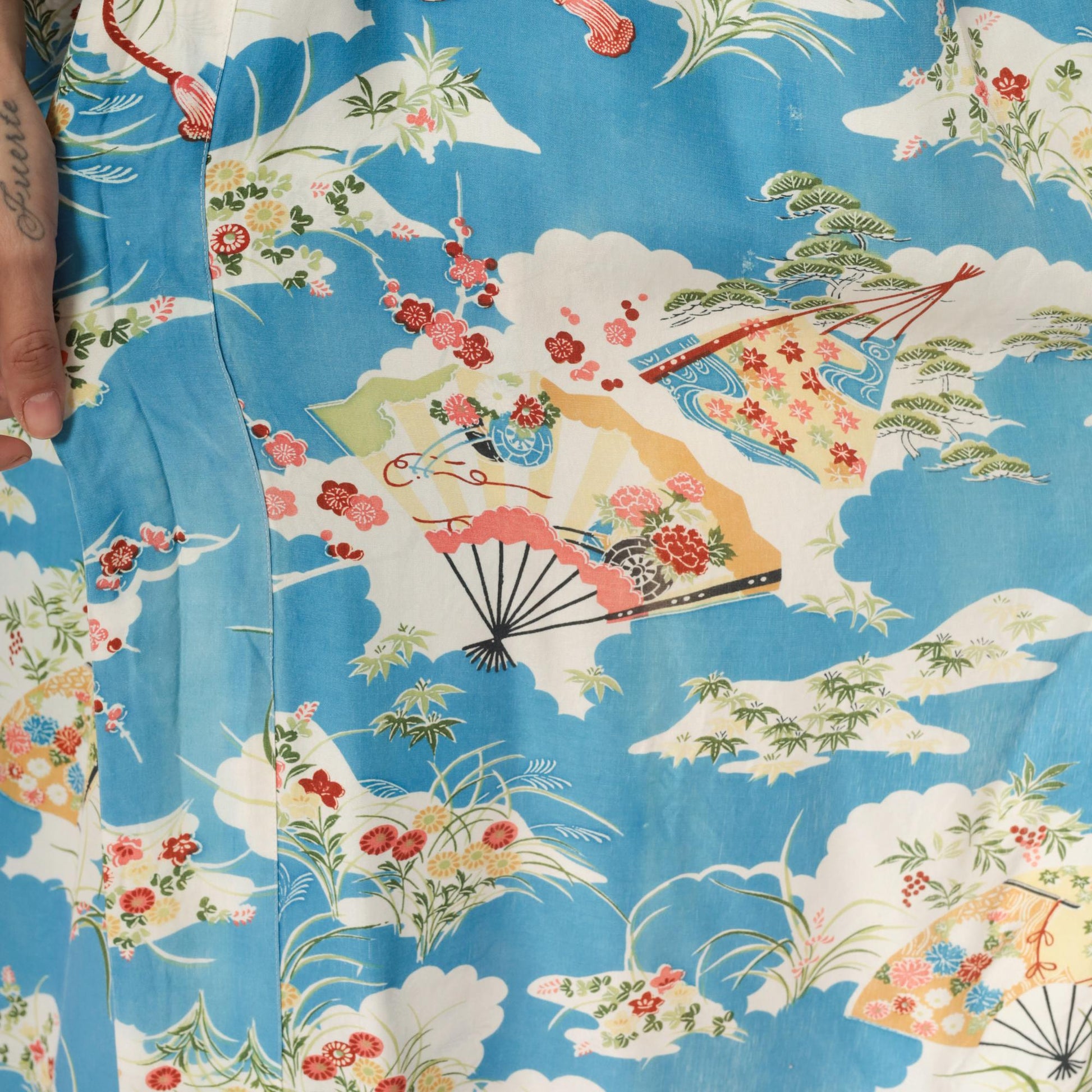 80s Japanese Fan Kimono Robe Blue Floral Maxi Cotton Wrap Large L