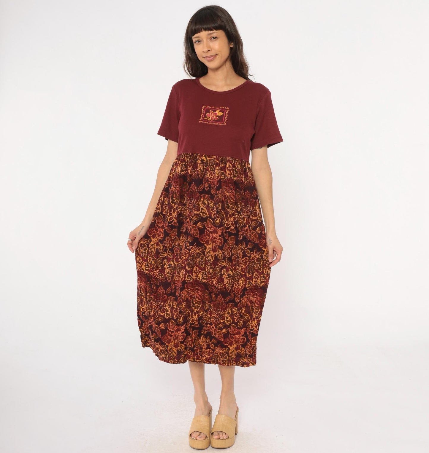 90s Burgundy Colorblock Floral Embroidered Midi Dress Rayon Medium M