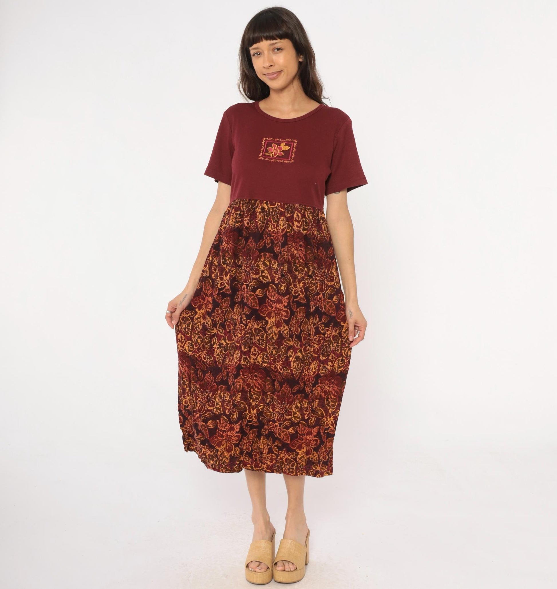 90s Burgundy Colorblock Floral Embroidered Midi Dress Rayon Medium M